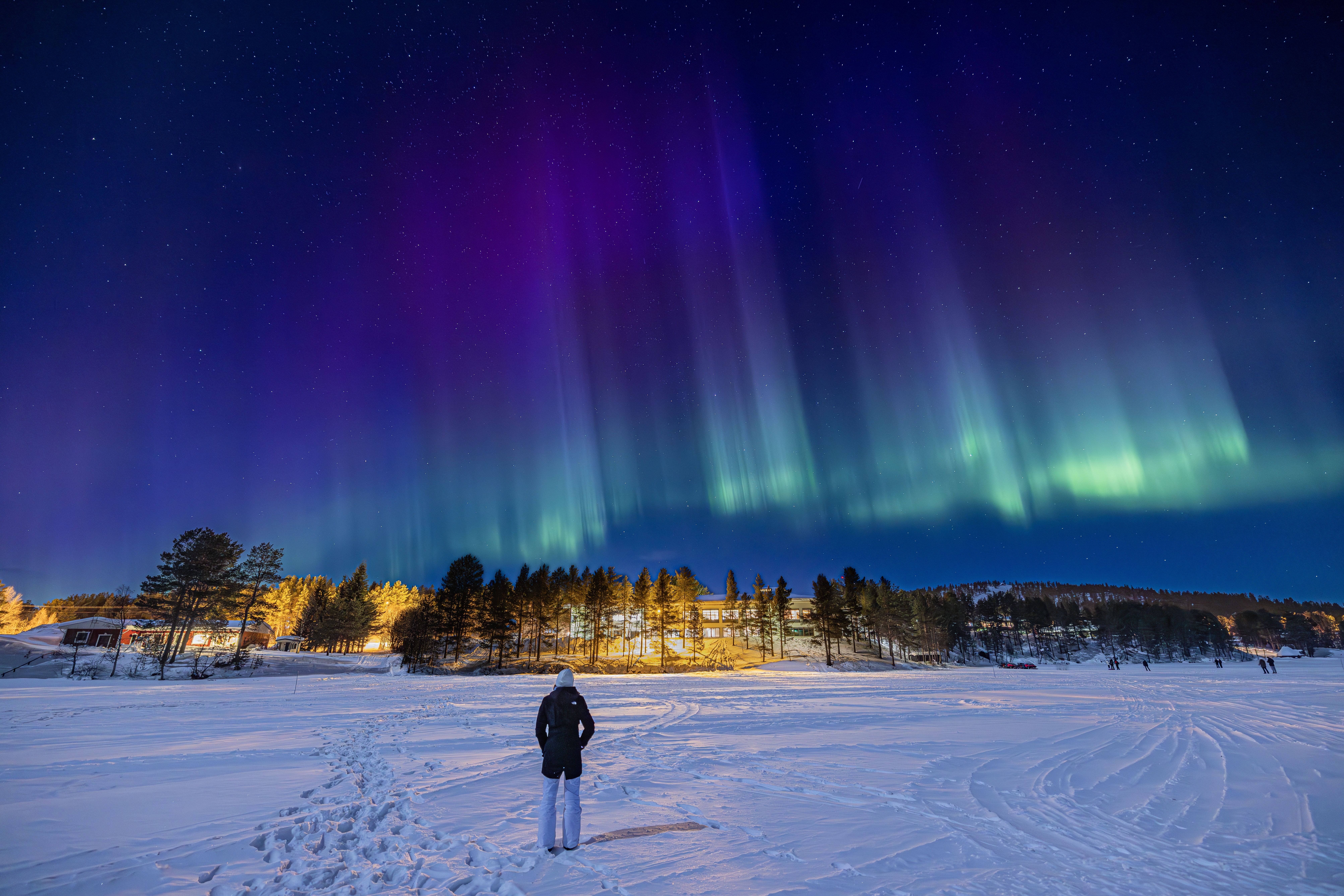 Nordlys oplevelse i Lapland Finland - spektakulær aurora borealis over snedækket landskab med stjernehimmel
