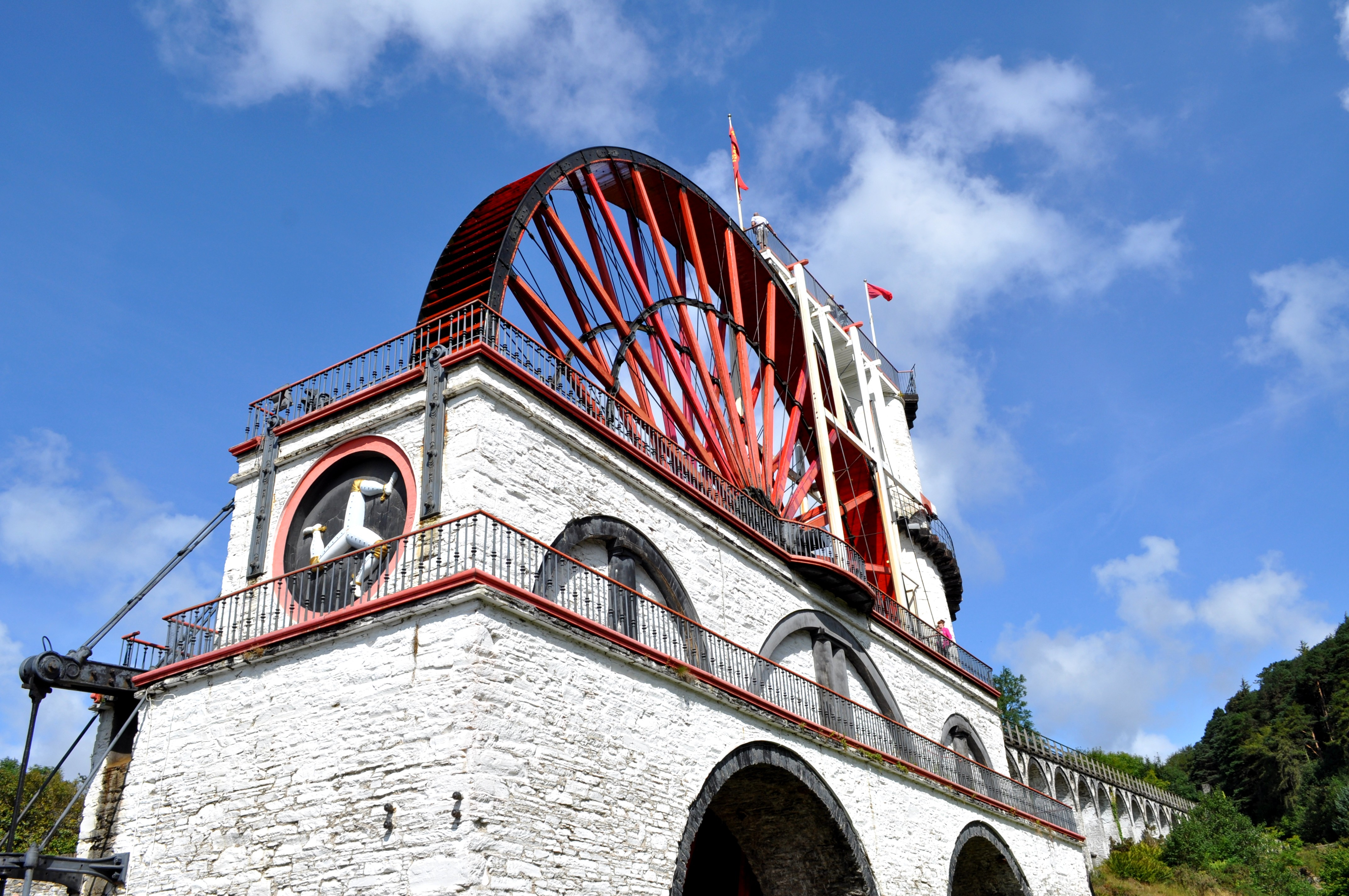 Laxey Wheel turistattraktion på Isle of Man - stort rødt vandhjul ved historisk bygning