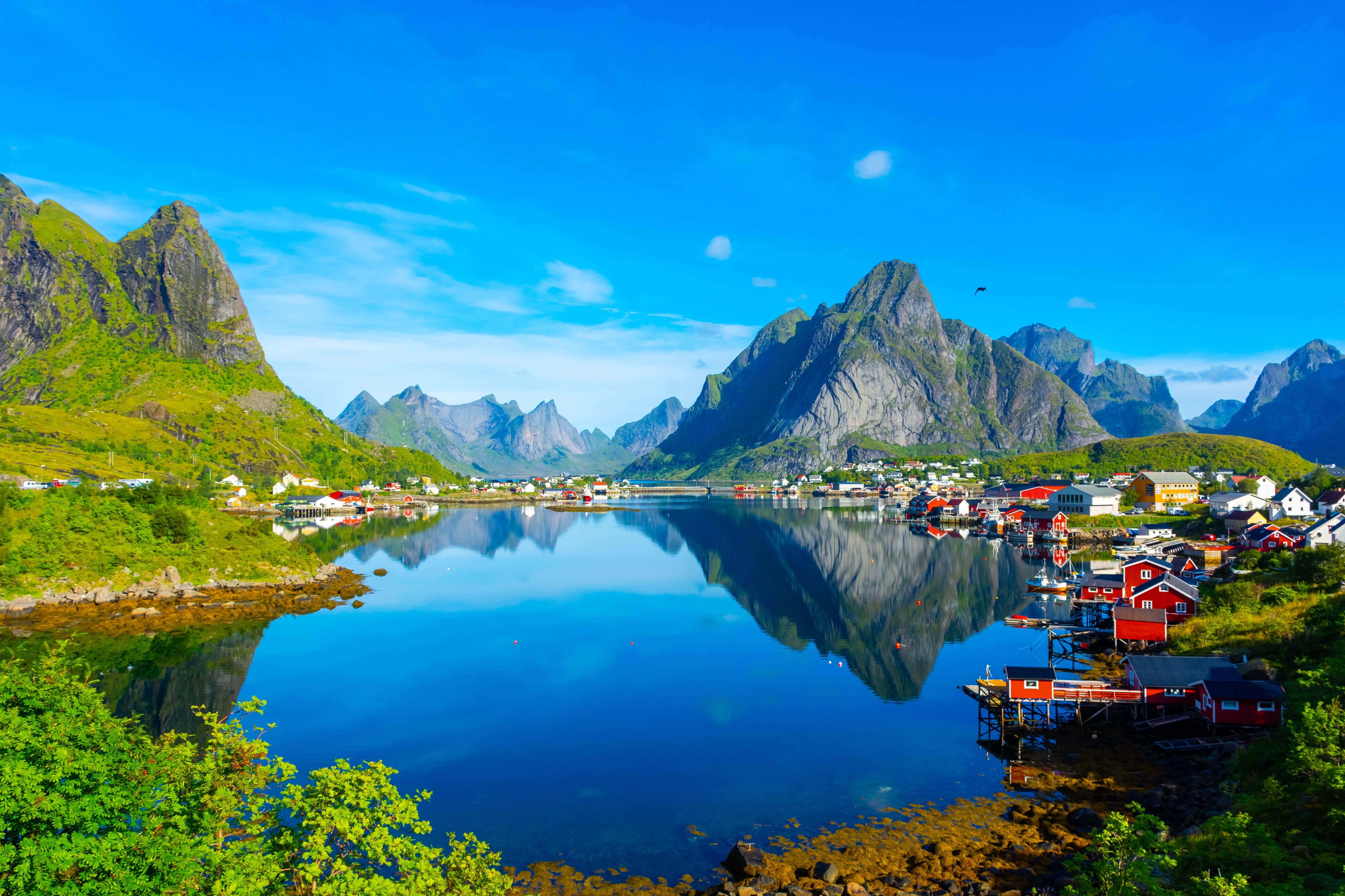 Stemningsfuld udsigt over Reine med traditionelle røde rorbuer og høje bjergtinder spejlet i det rolige fjordvand på Lofoten-øerne