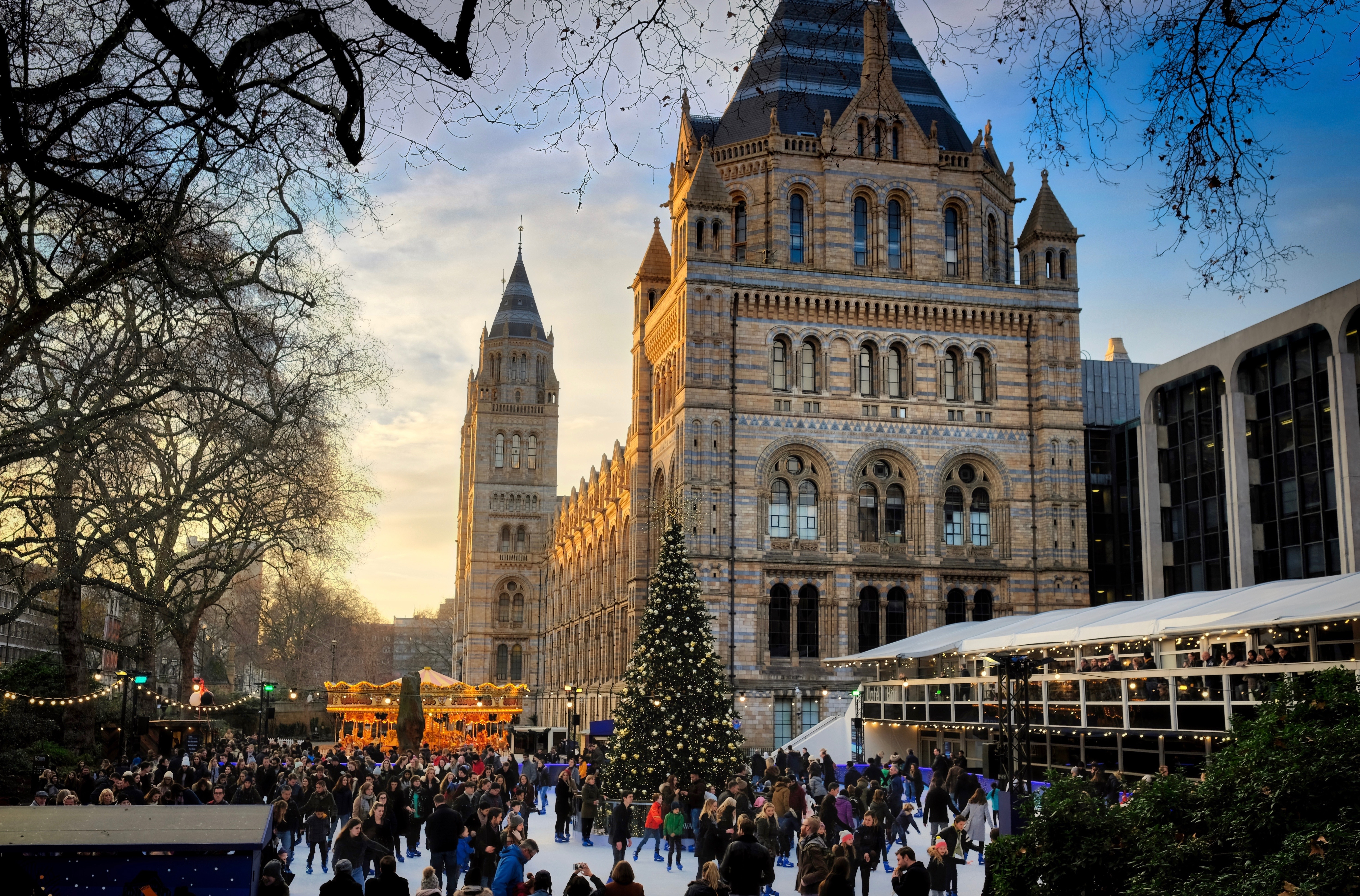 Skøjtebane foran Natural History Museum i London omgivet af julepynt, lys og festlig stemning