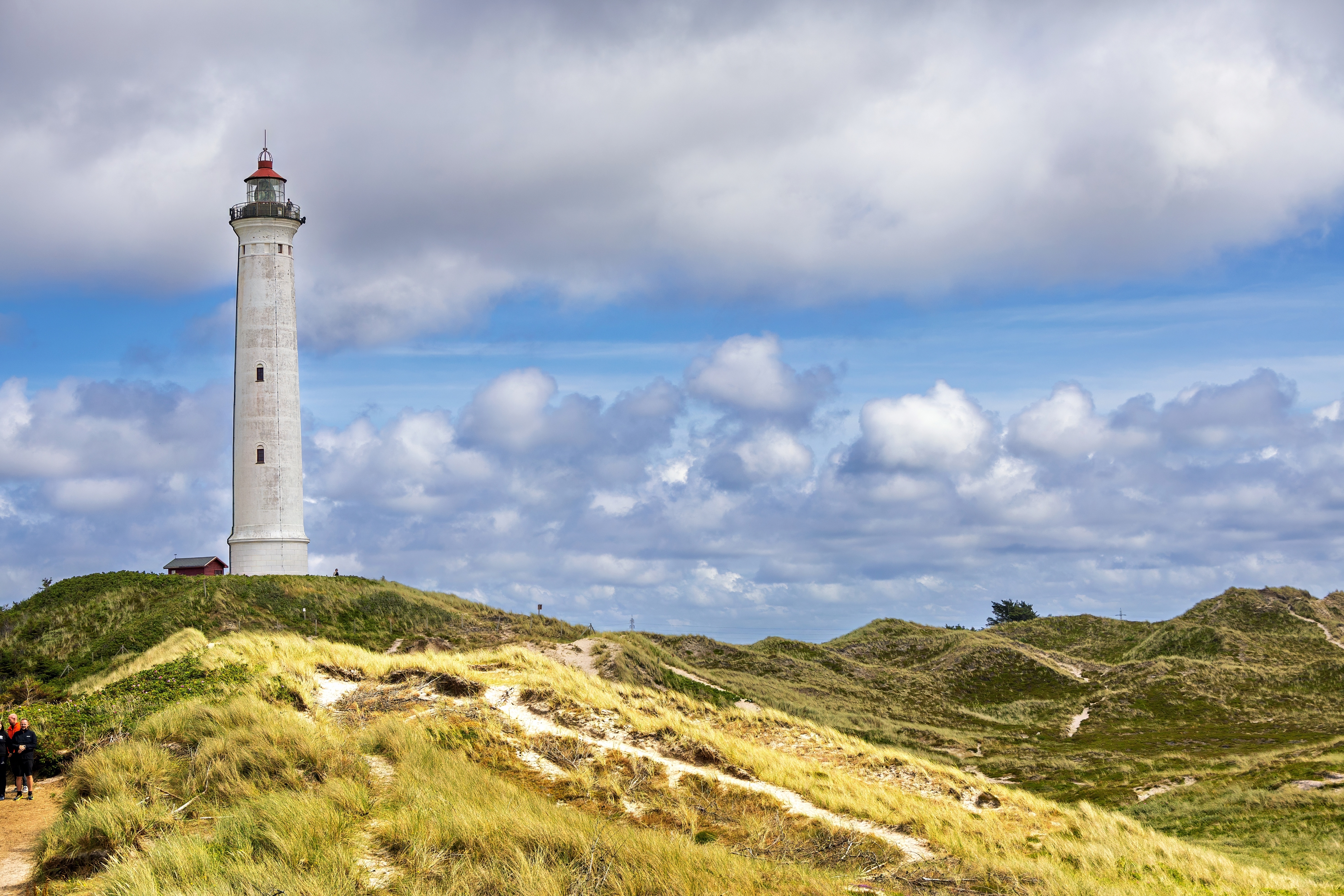 Udsigt til det historiske Lyngvig Fyr fyrtårn ved Hvide Sande med grønne klitter og blå himmel på Jyllands vestkyst