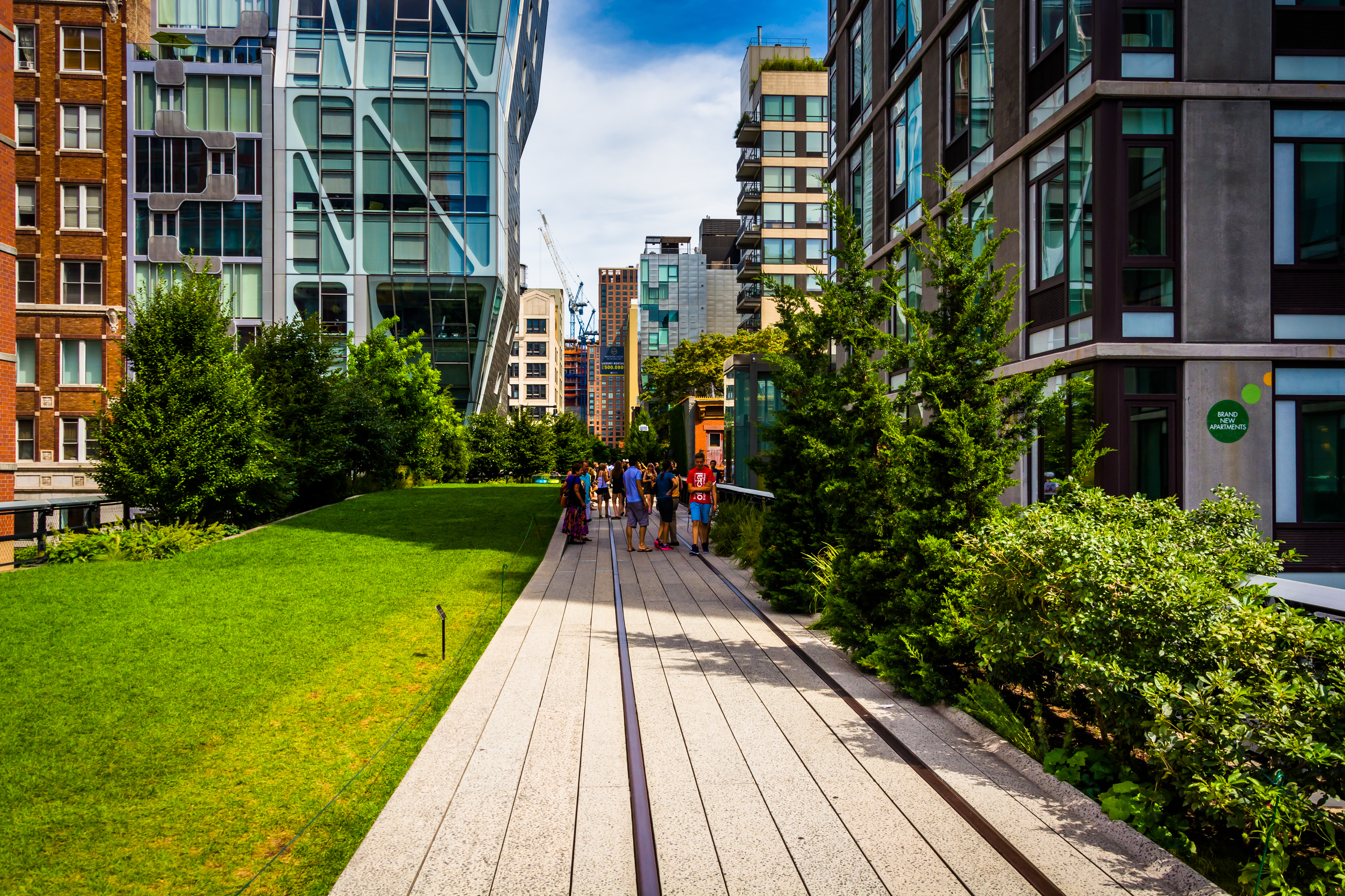 Smuk bypark med gangsti og frodig grønt mellem høje moderne bygninger i Manhattan