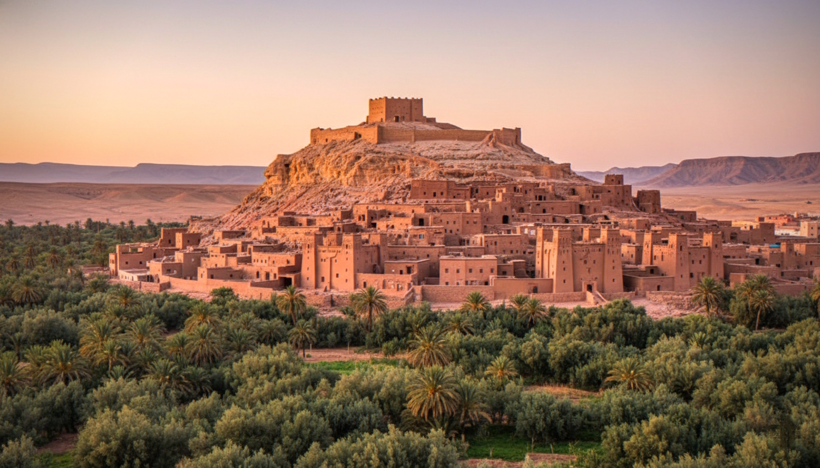 Det historiske Ait Benhaddou lerbykompleks tronende over en grøn palmeoase i det sydlige Marokko ved solnedgang