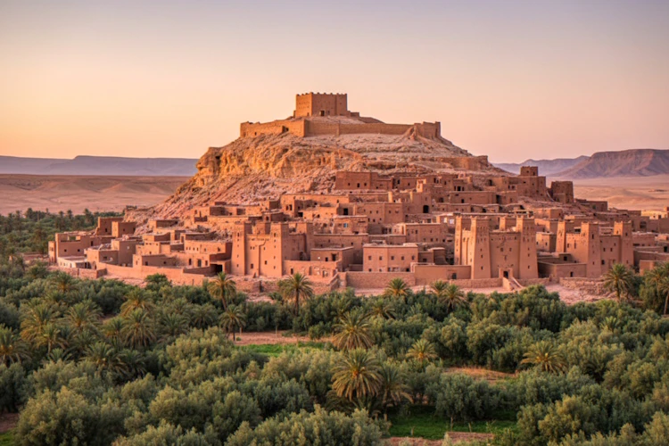 Det historiske Ait Benhaddou lerbykompleks tronende over en grøn palmeoase i det sydlige Marokko ved solnedgang