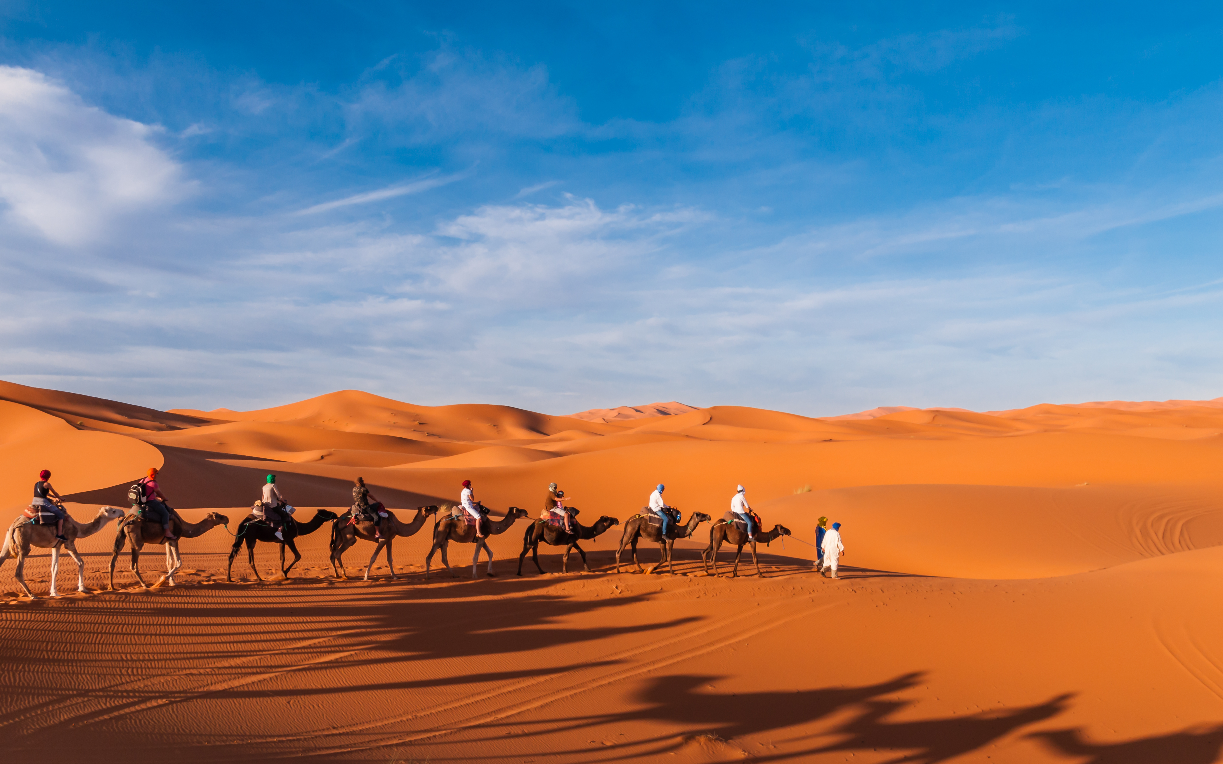 Gruppe af turister rider på kameler gennem de smukke sanddyner i Sahara ørkenen i Marokko