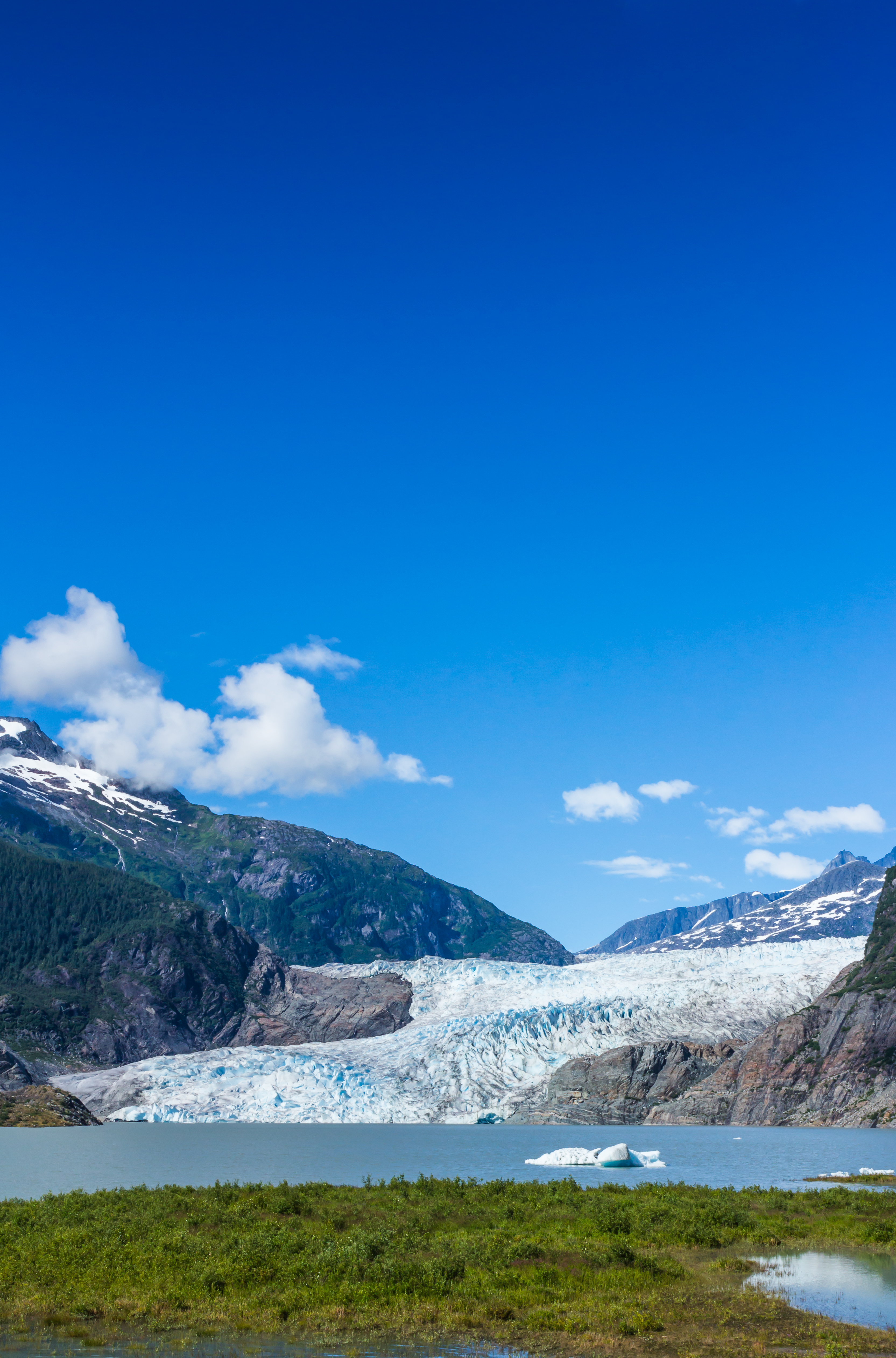 Naturskønt panorama over Mendenhall-gletsjeren og isblå gletsjersø omringet af bjerge og frodig natur i Juneau, Alaska