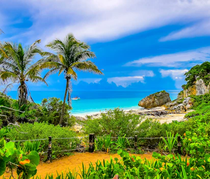 Caribisk strand i Tulum Mexico med frodig vegetation og turkis vand