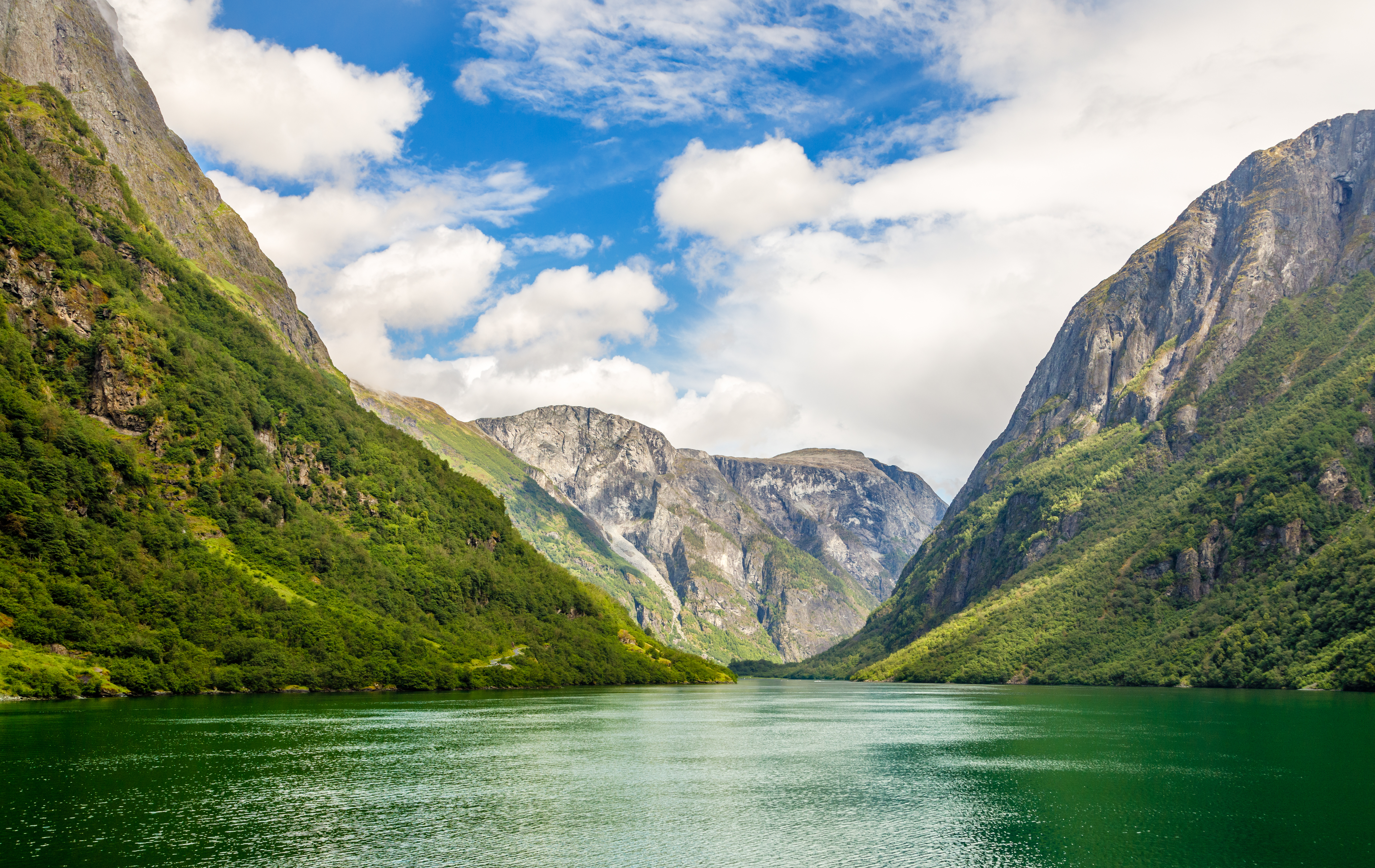 Fredfyldt udsigt over Nærøyfjord mellem Gudvangen og Flåm med høje grønne bjerge og roligt fjordvand i Norge