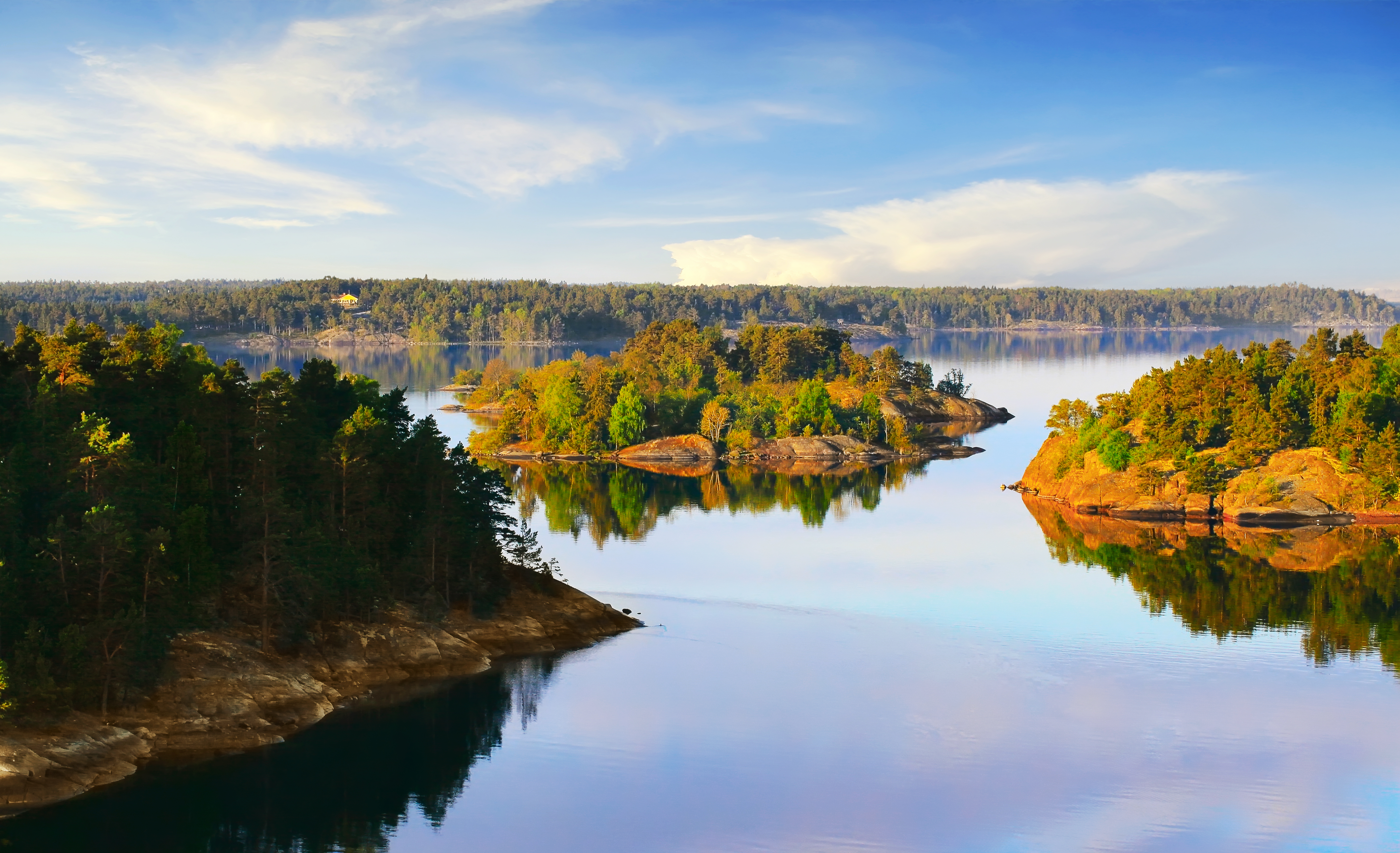 Naturskøn skandinavisk skærgård om efteråret med gylden skov der reflekterer i det klare vand