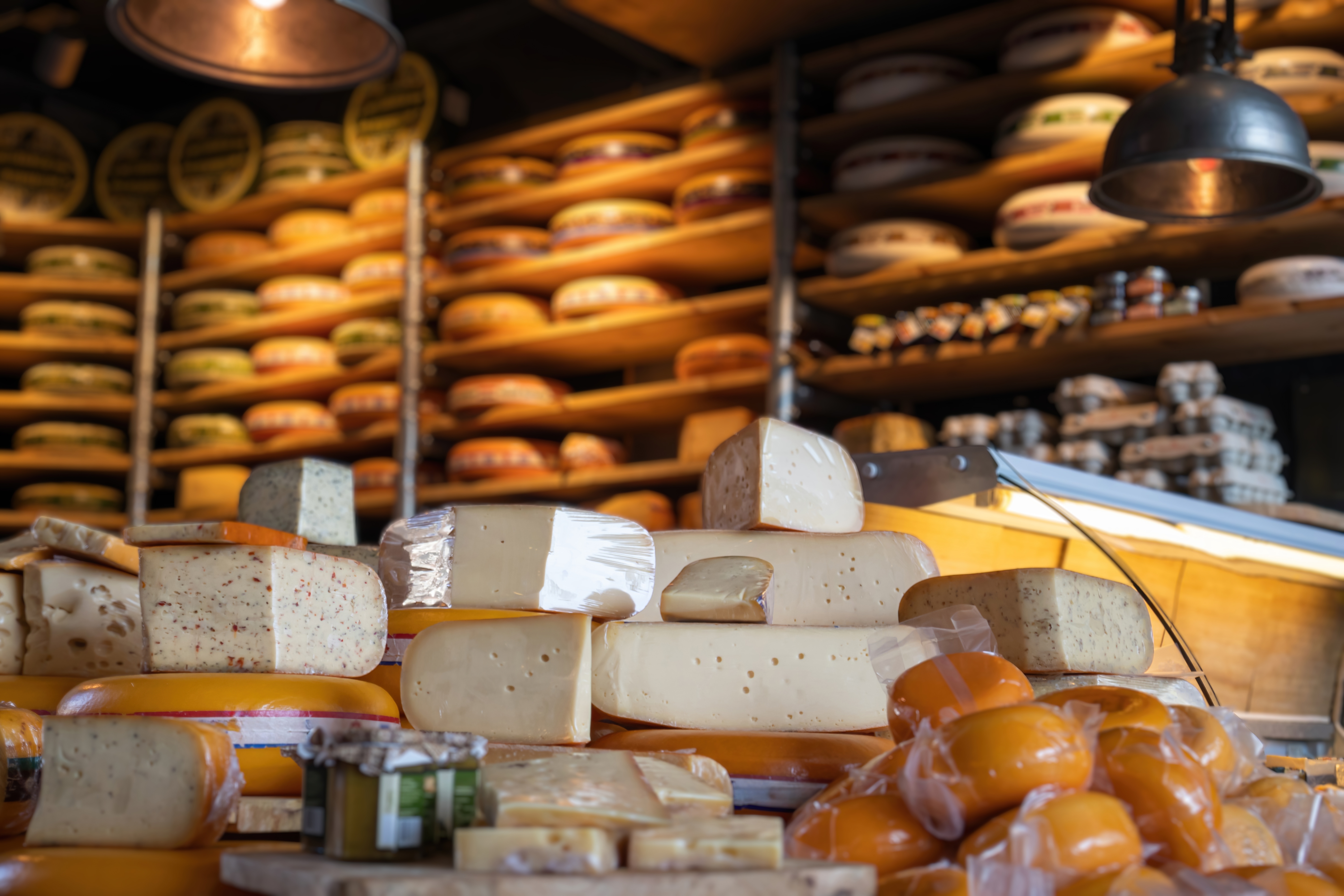 Klassisk nederlandsk osteforretning fyldt med hele ostehjul og skårne stykker af Gouda og Edam ost i Holland