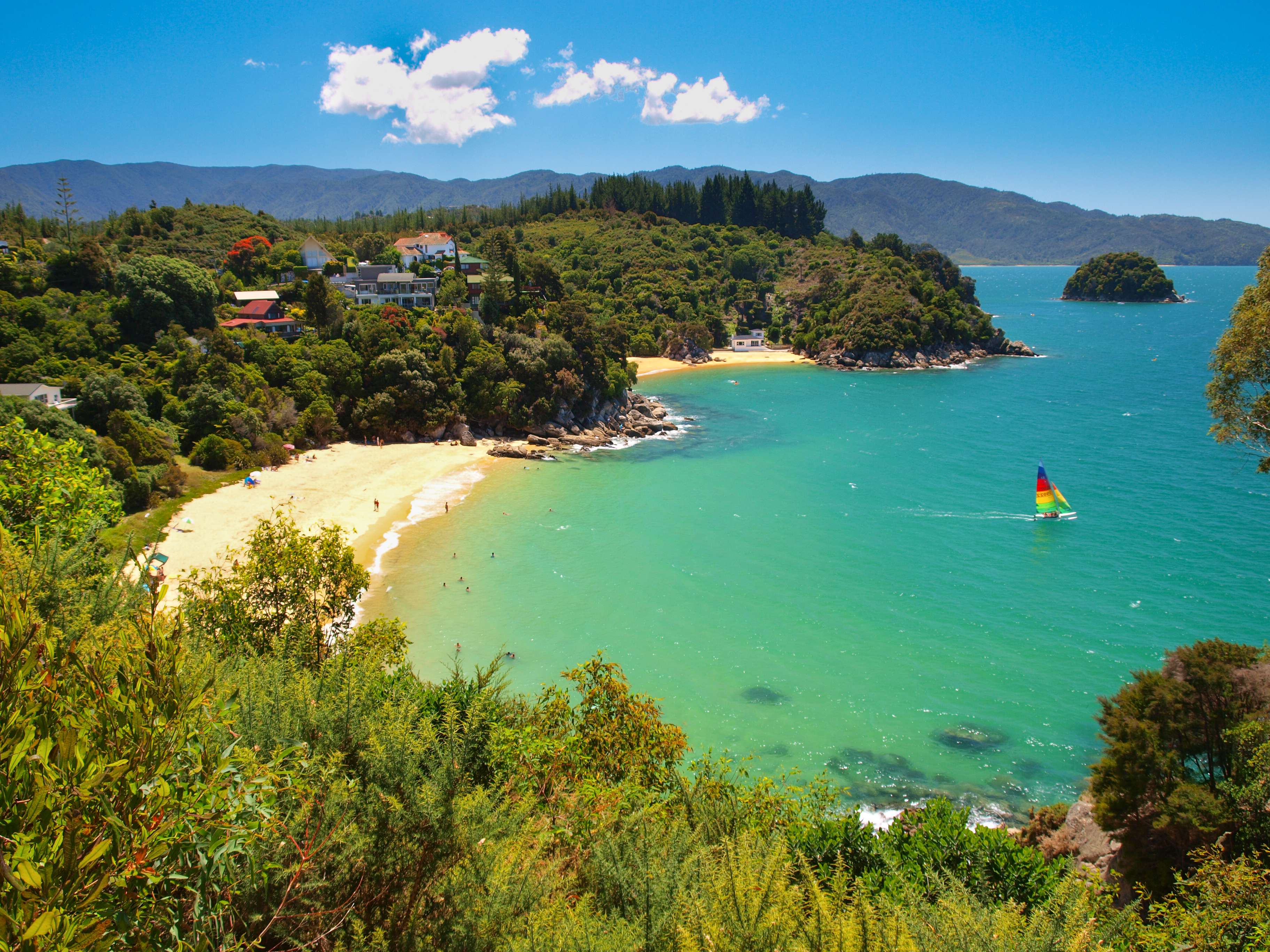 Turkis bugt med catamaran og sandstrand i New Zealand