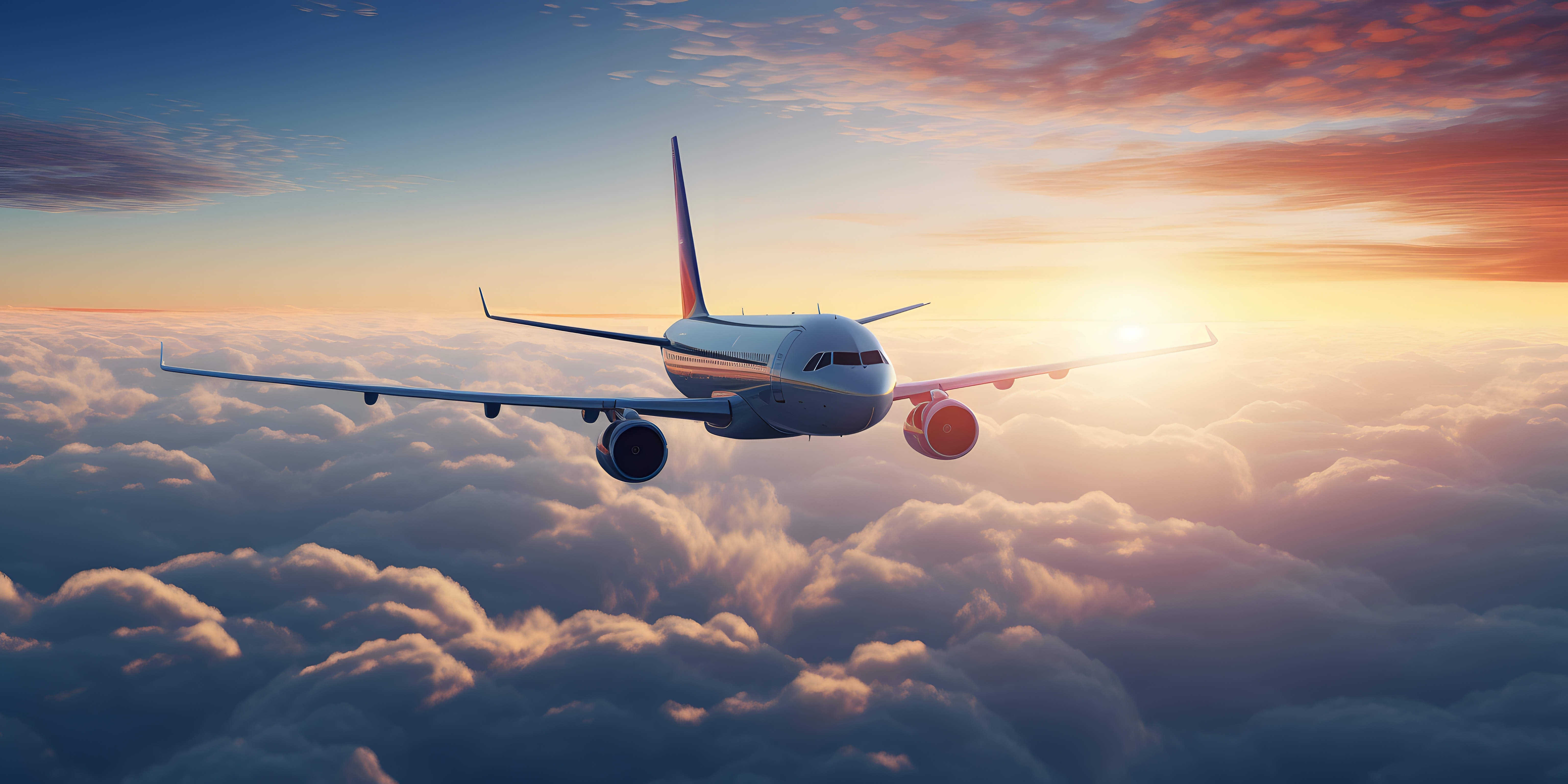 Passagerfly flyver højt over skyerne i solnedgangen klar til en fantastisk rejseoplevelse