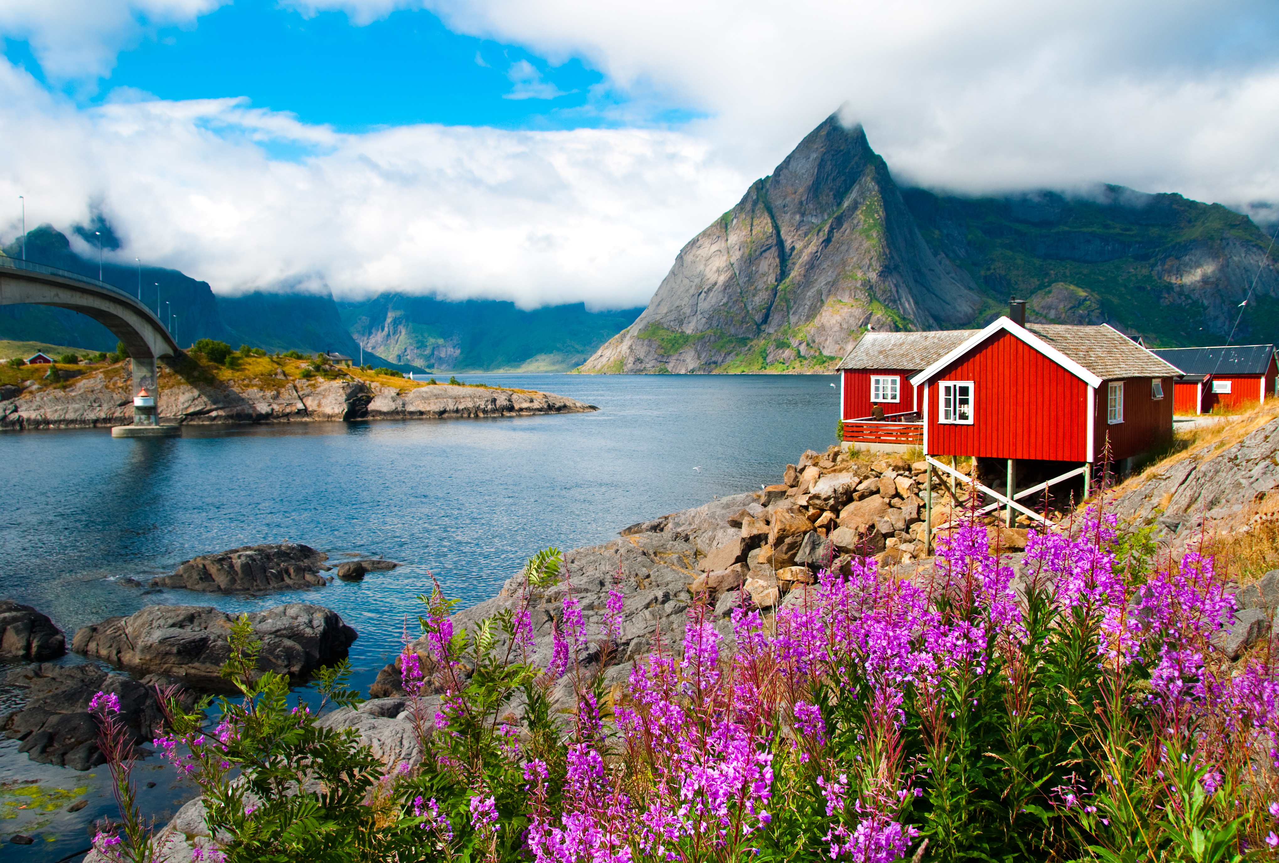 Charmerende rode fiskerhuse i Lofoten omgivet af storslaaet norsk natur med fjorde og bjerge i baggrunden