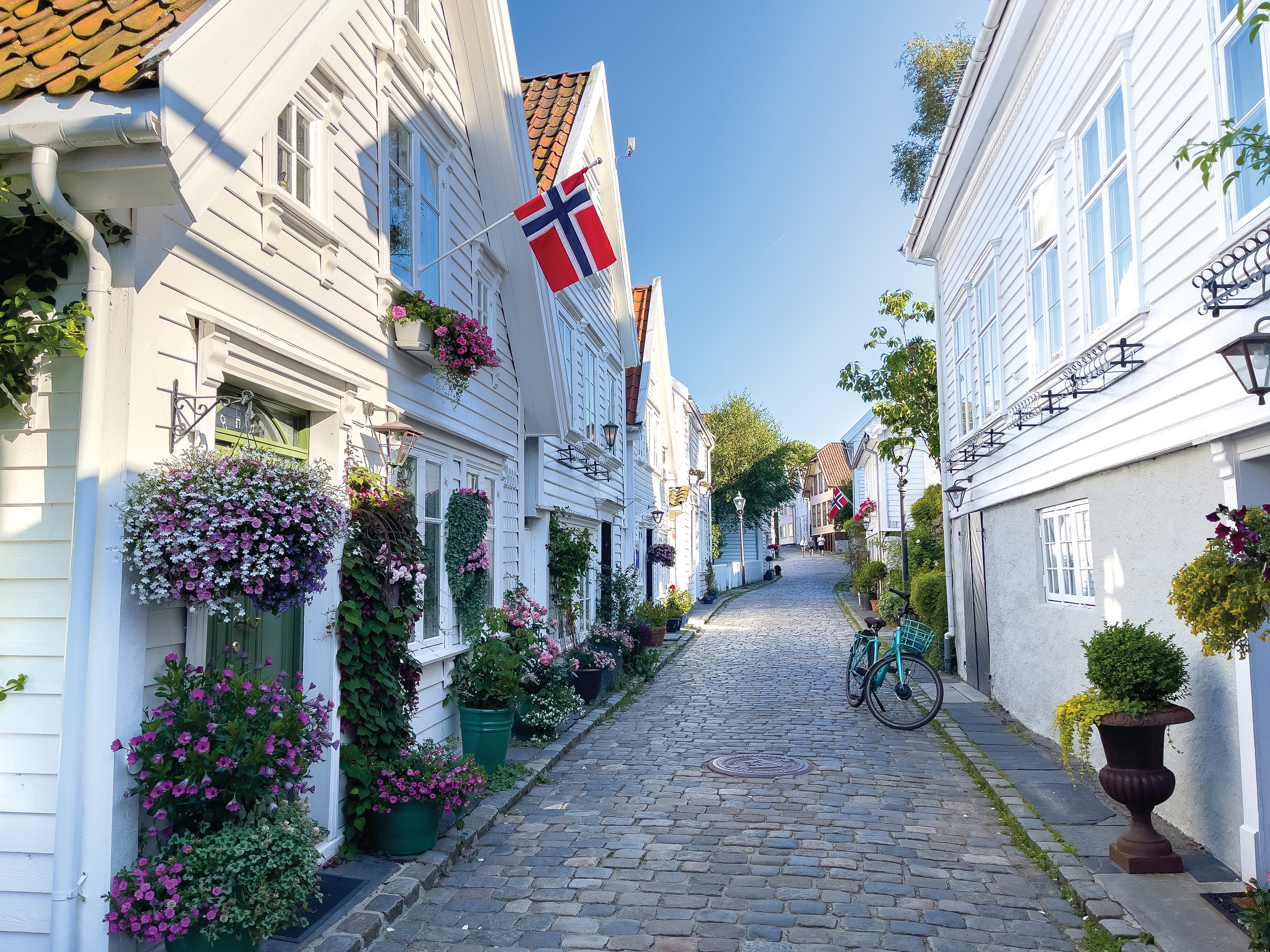 Pittoreske hvide træhuse med blomsterkasser i Stavanger Norge
