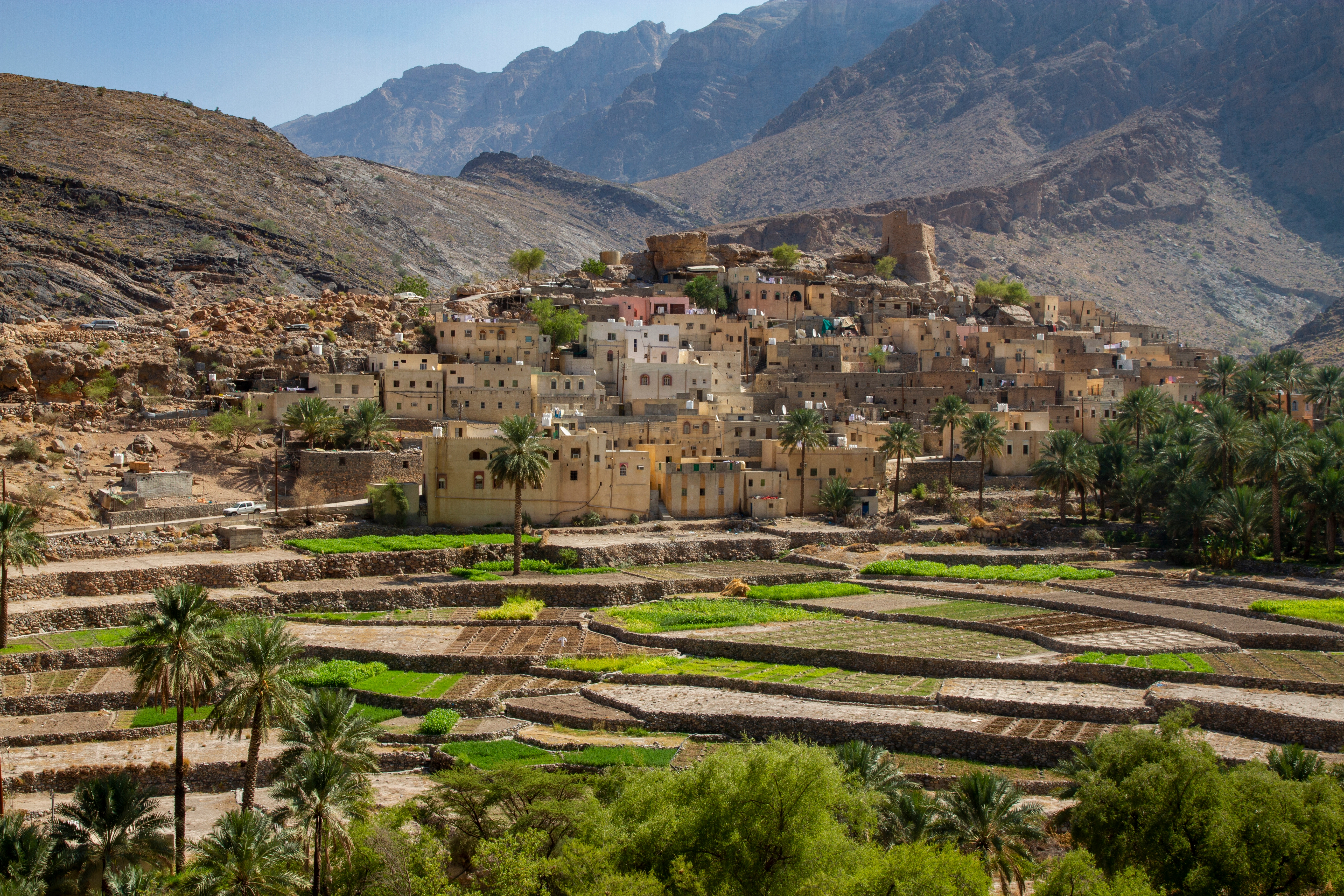 Smuk traditionel landsby i Oman med terrasserede marker og gamle lerbyggerier i bjerglandskab
