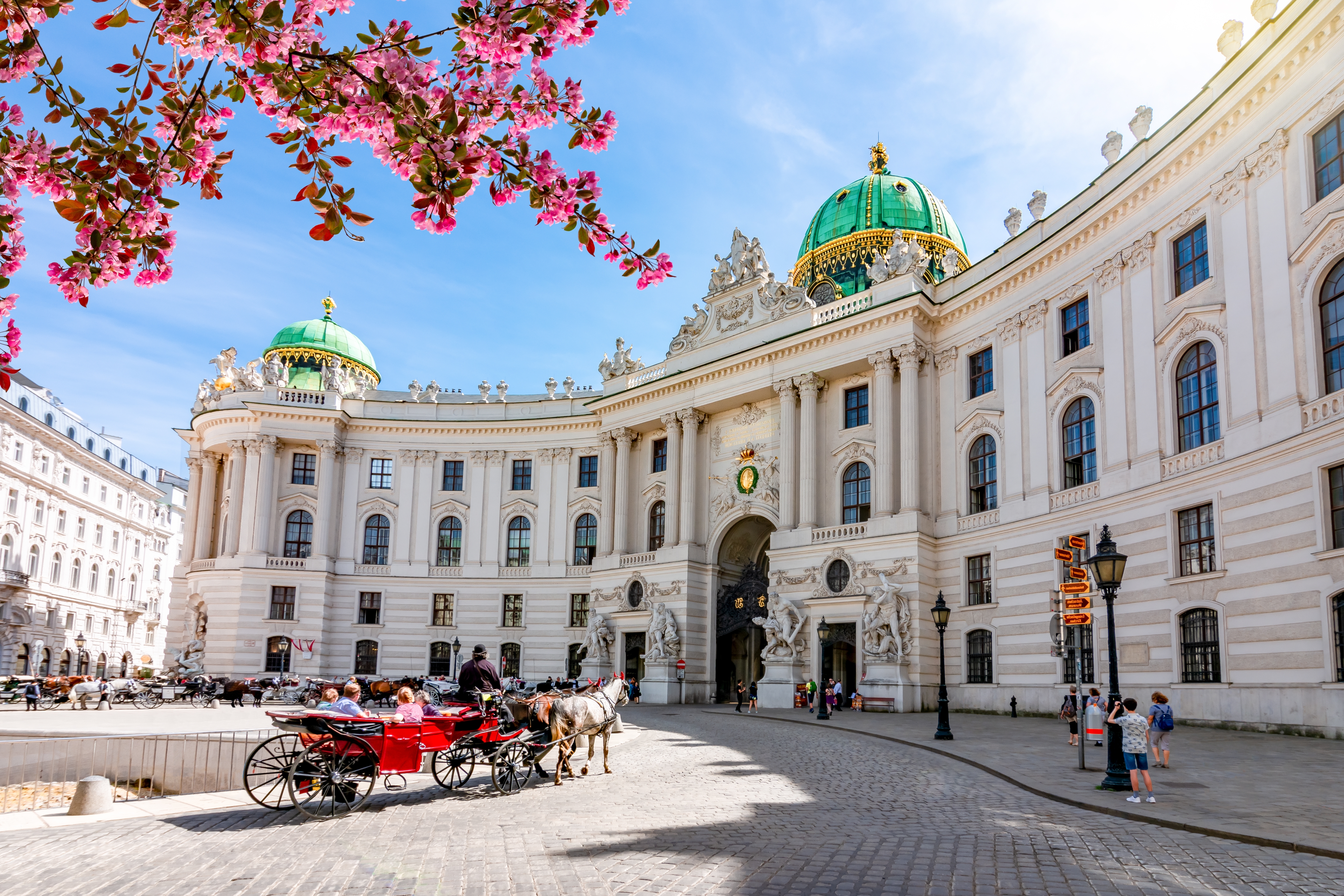 Det kejserlige Hofburg Palads i Wien med traditionel hestevogn og foraarsblomster
