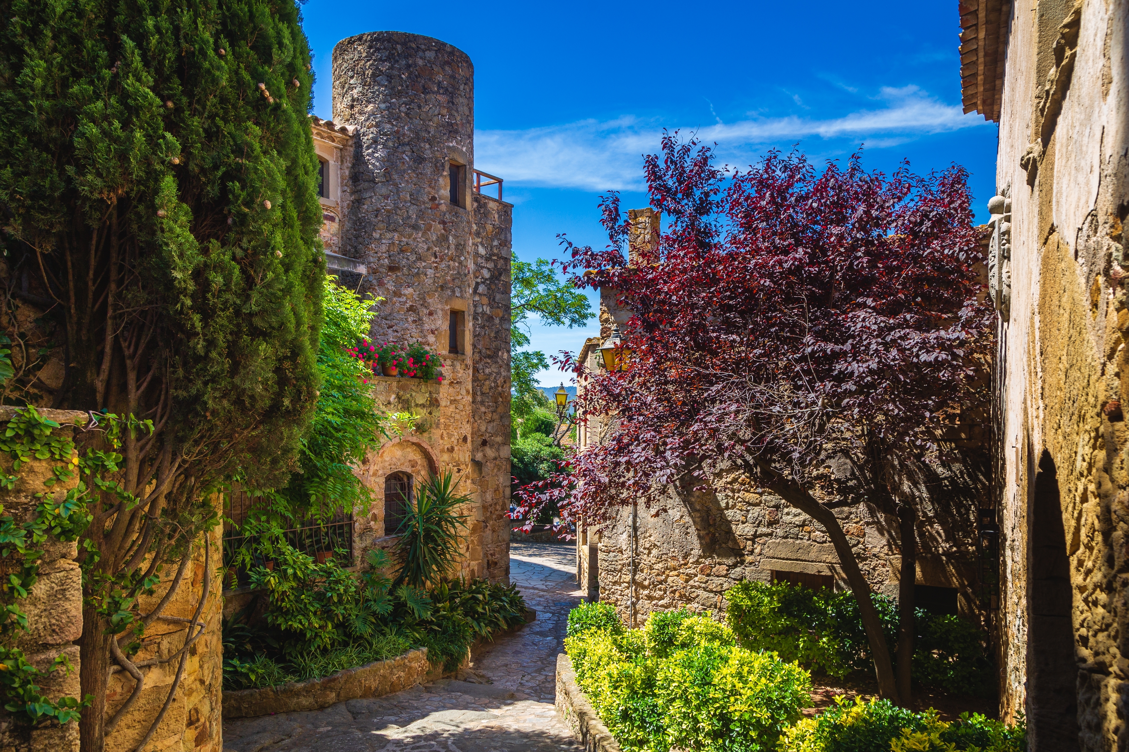 Gamle stenhuse langs en smal brolagt gade i middelalderby Pals, Costa Brava, Catalonien