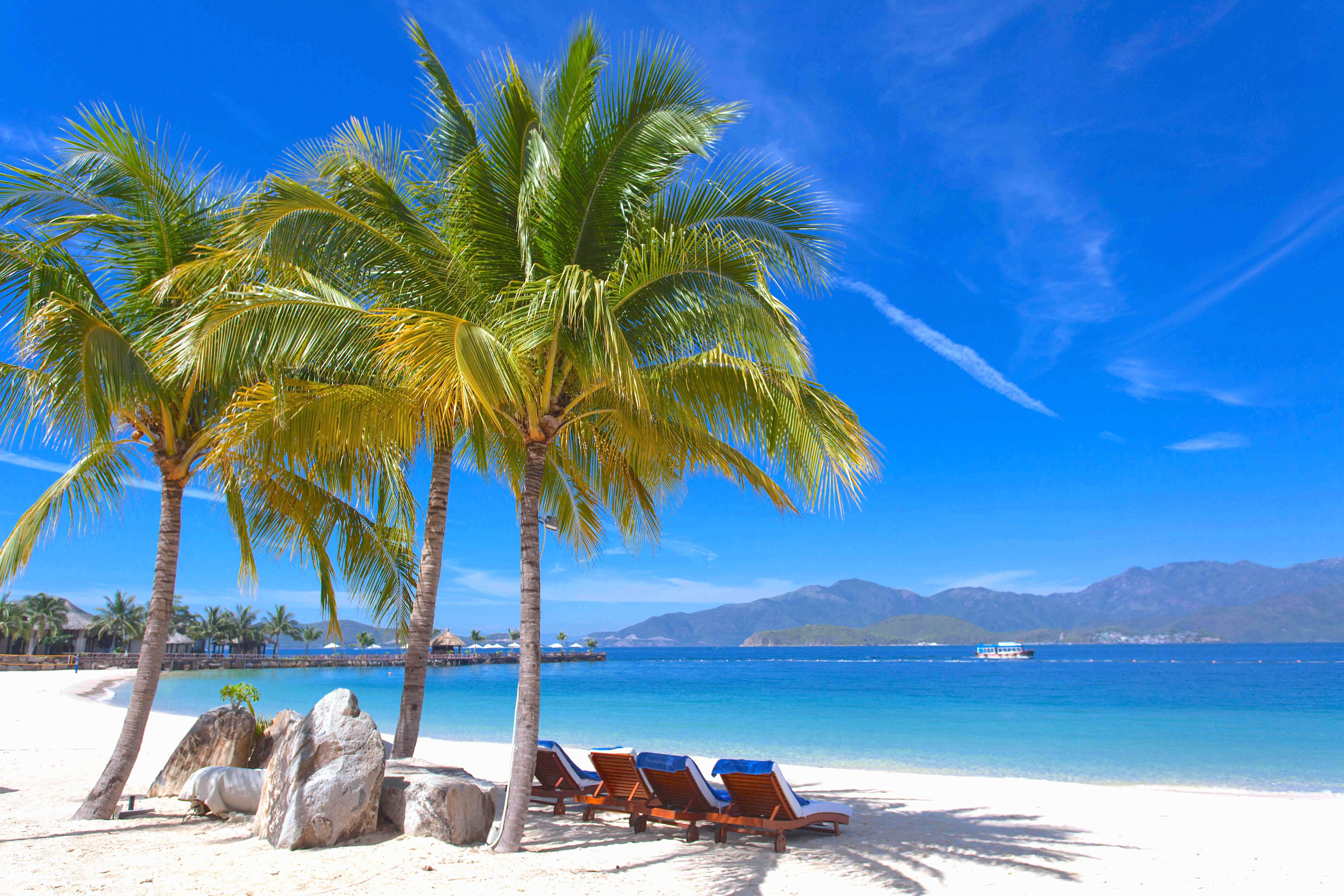 Tropisk paradis strand med palmer og bjerge ved Nha Trang i Vietnam