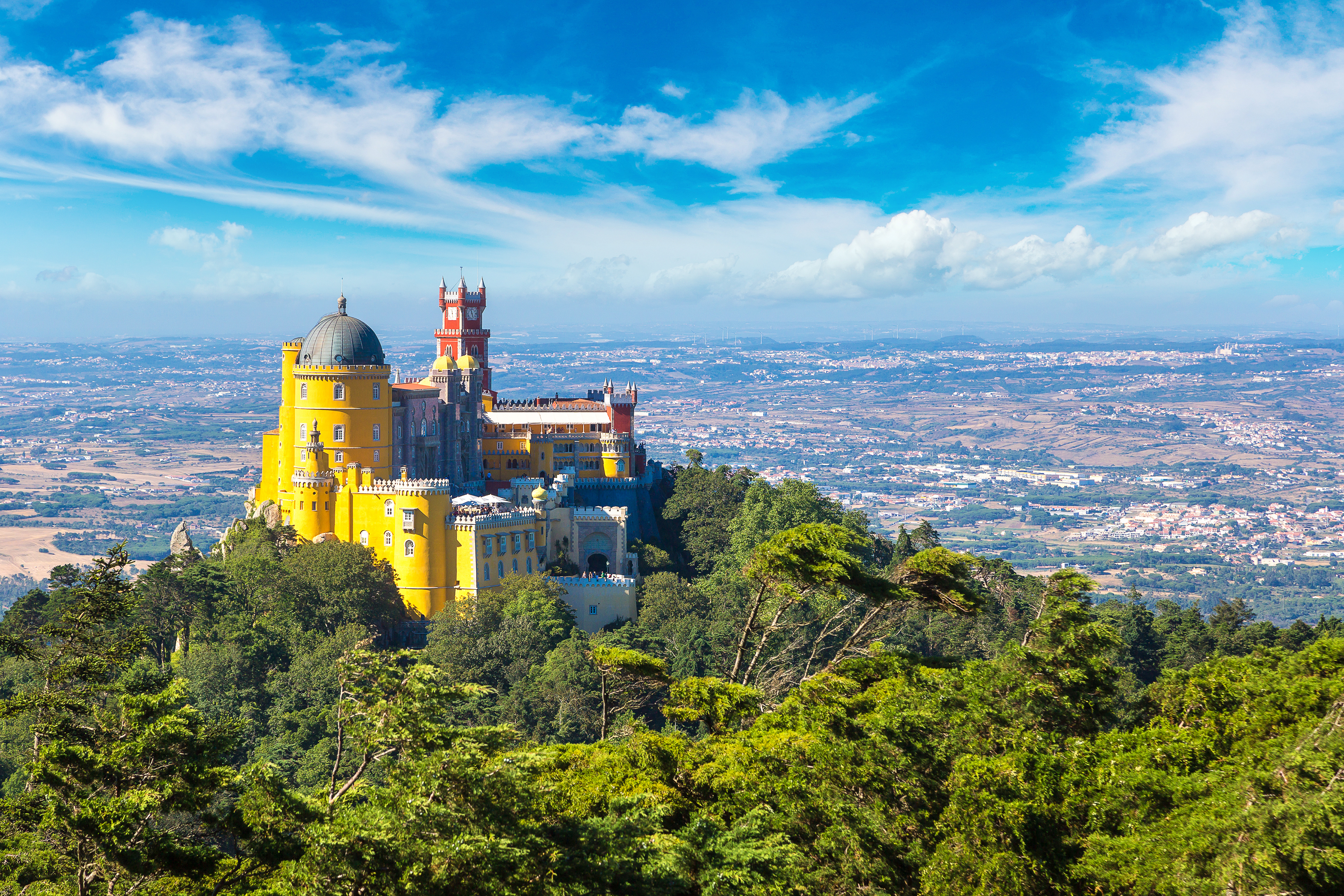 Farverig Pena Palace borg på bjergtop i Sintra Portugal omgivet af skov
