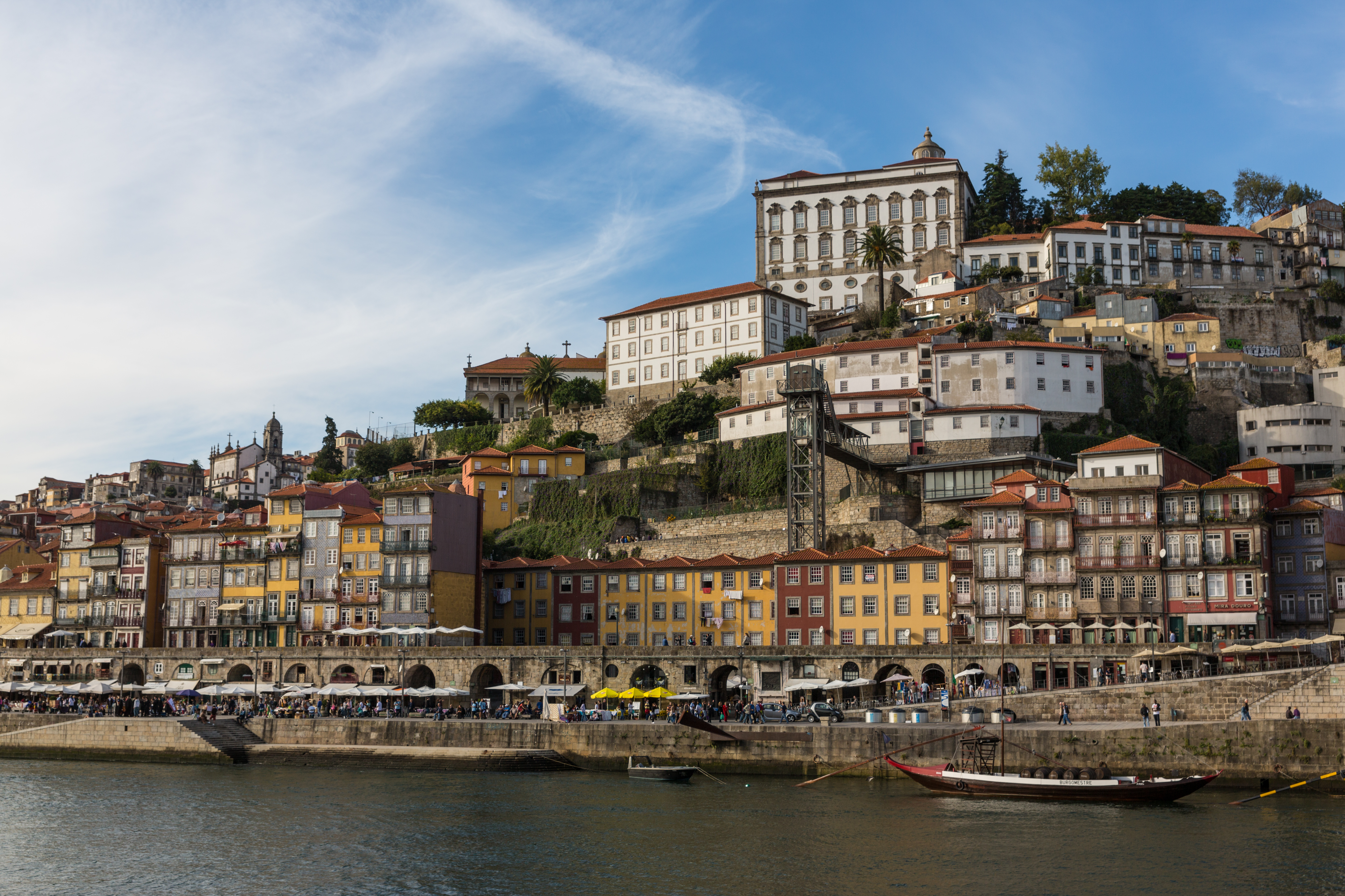 Udsigt over Portos smukke Ribeira-kajen med farverige historiske huse, traditionelle både på Douro-floden og UNESCO-beskyttet arkitektur i Portugal