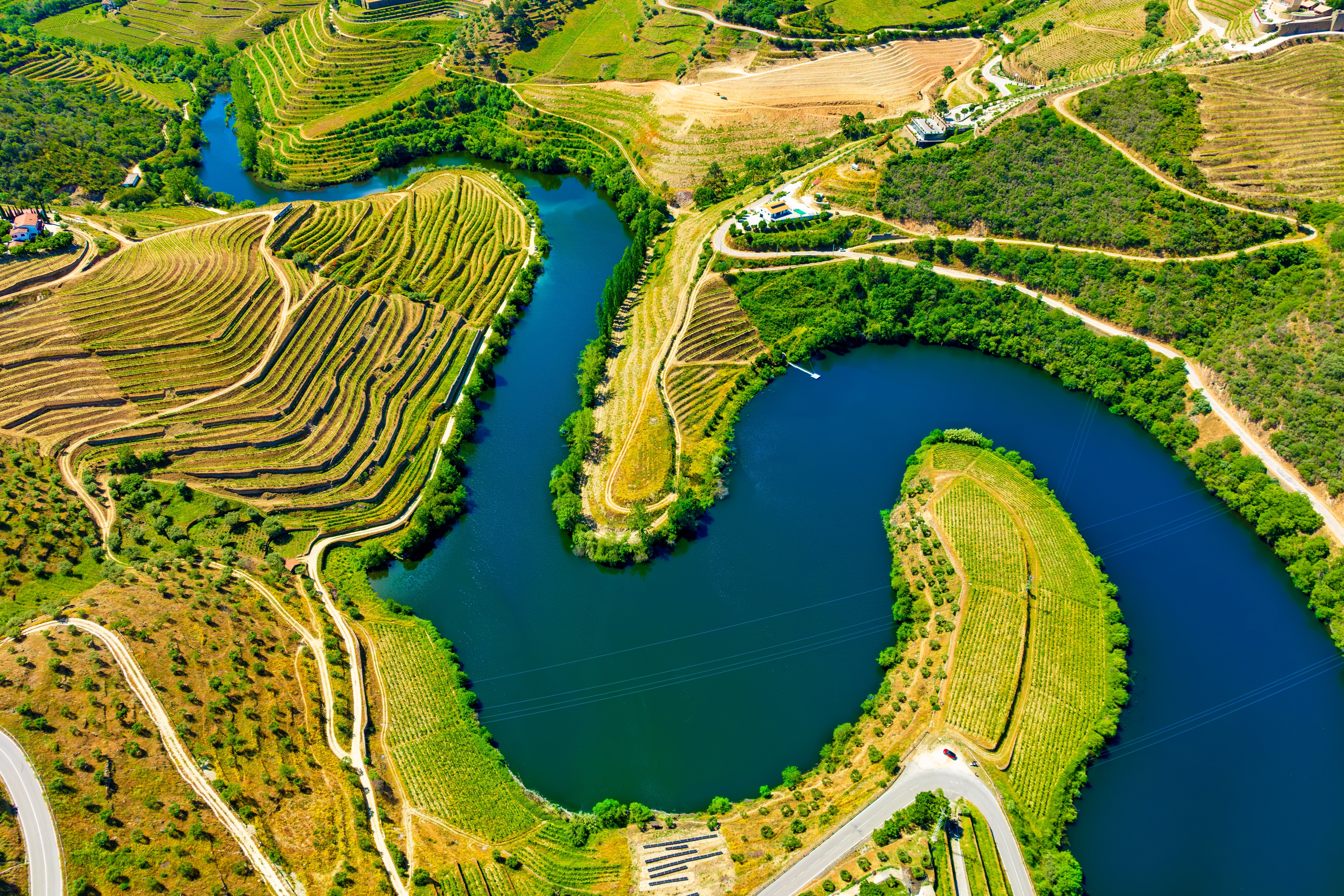 Luftfoto af Portugals berømte Douro-dal med terrассerede vingårde og flodmæander i sommergrønt landskab
