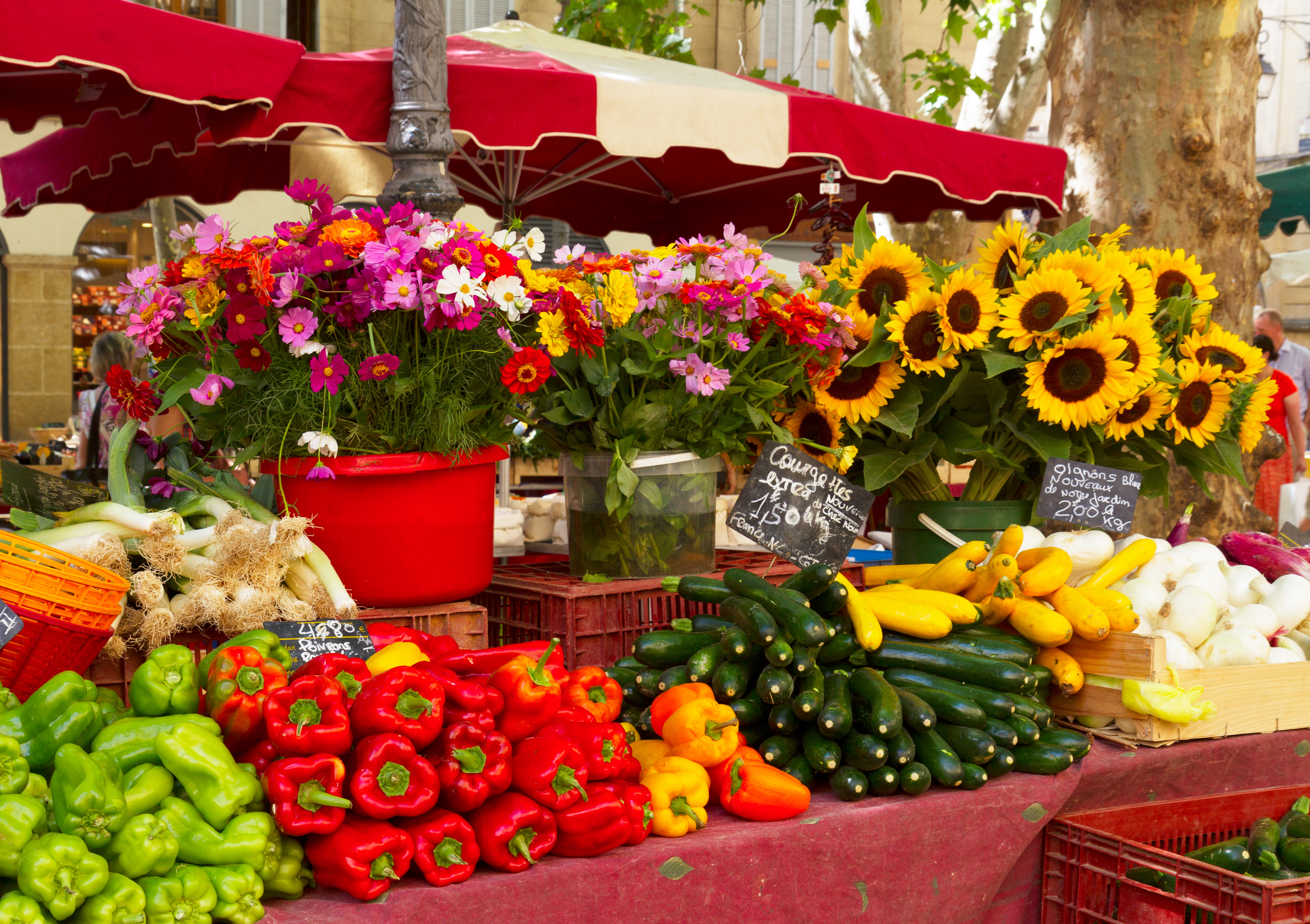 Livlig markedsbod fra Provence med overdådige solsikker, farvestrålende blomster og et fristende udvalg af friske lokale grøntsager og frugter - oplev den autentiske franske madkultur på nært hold