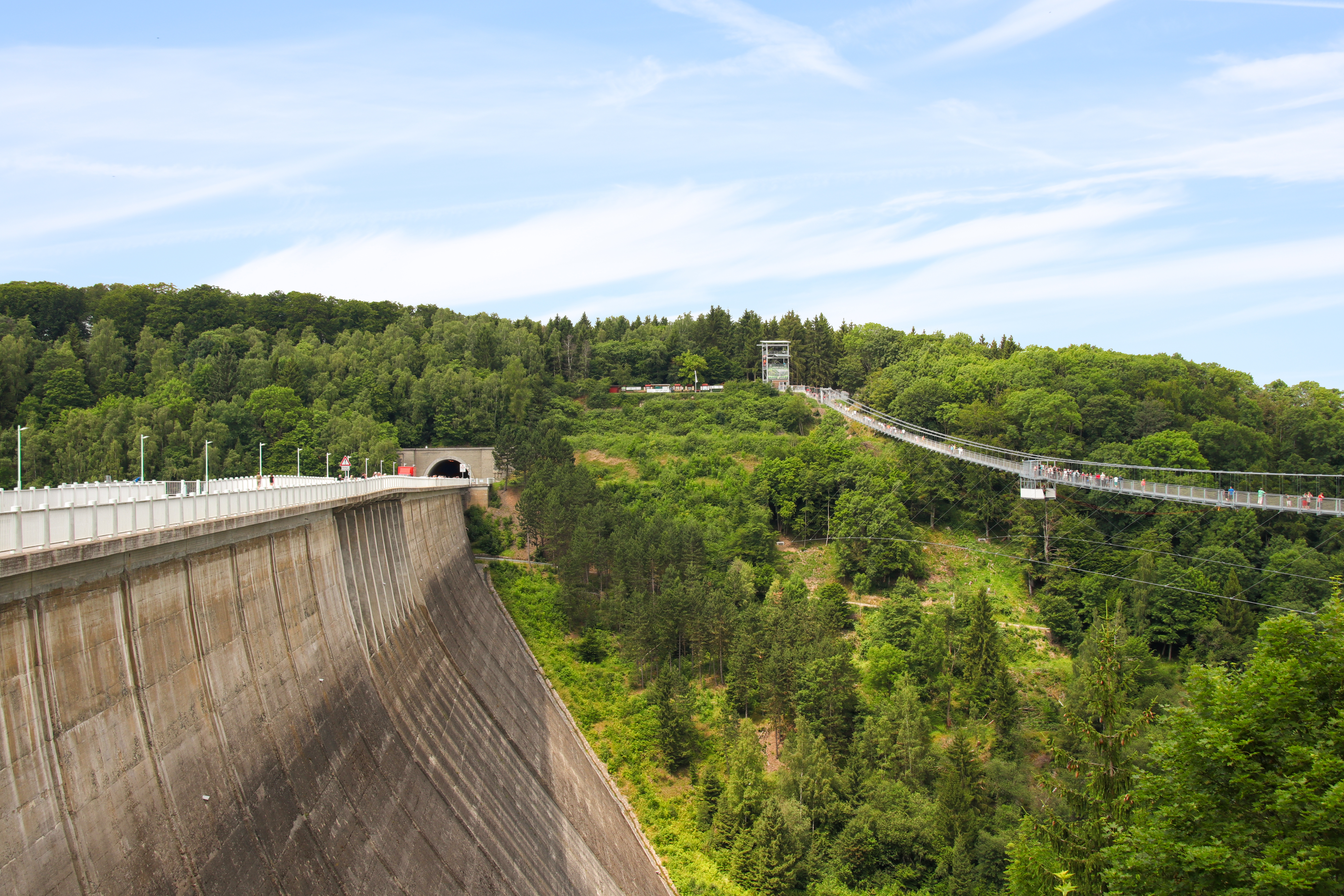 Høj betondæmning med bro der spænder over grøn skovdal i naturpark
