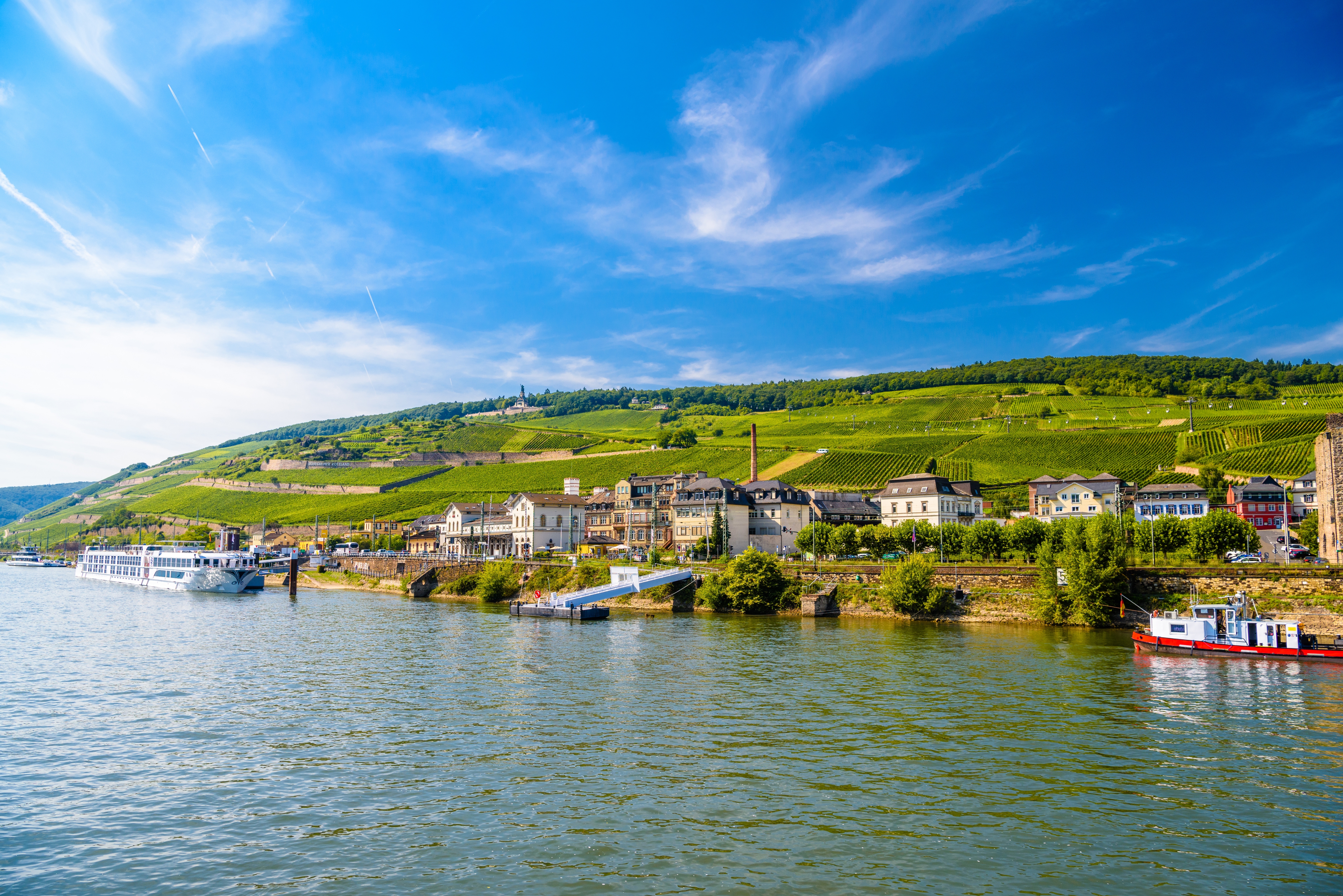 Malerisk udsigt over Rüdesheim am Rhein med frodige vingårde på de grønne bjergsider og flodkrydstogtskib fortøjet ved den historiske havn