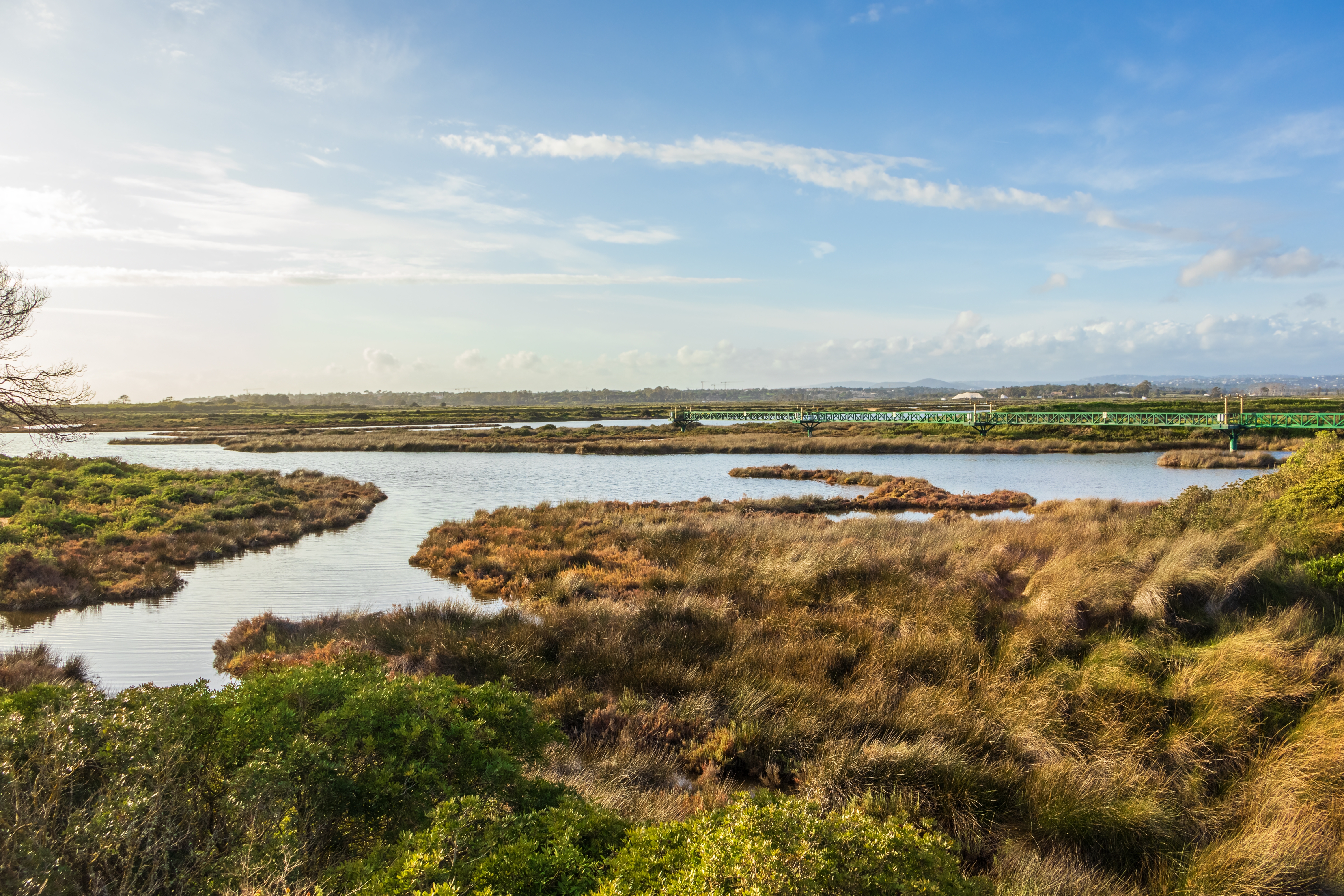 Idyllisk landskab med lagune og naturstier i Ria Formosa Naturpark Algarve Portugal
