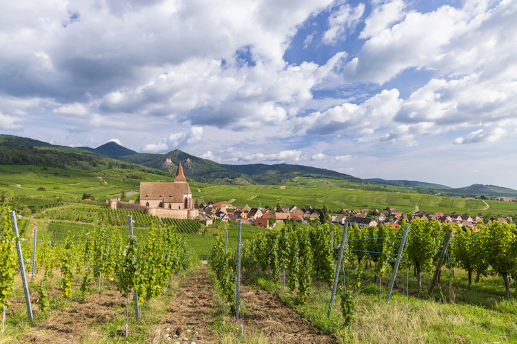 Pittoresk landsbyen Hunawihr med middelalderlig kirke midt i de grønne vinmarker i Alsace-regionen i Frankrig