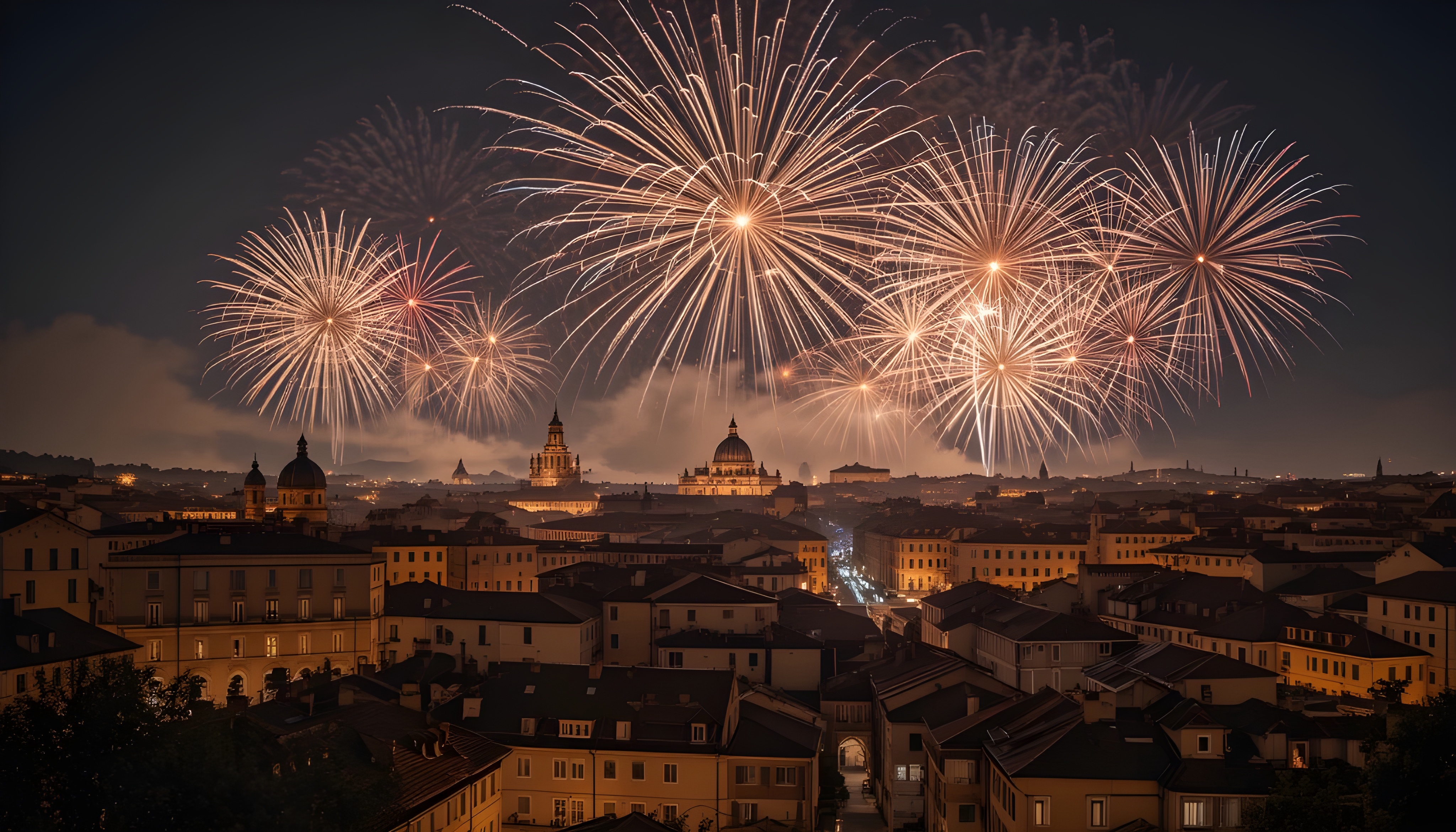 Festligt fyrværkeri eksploderer over Roms smukke barokke bybillede ved nytårsfejring i Italien