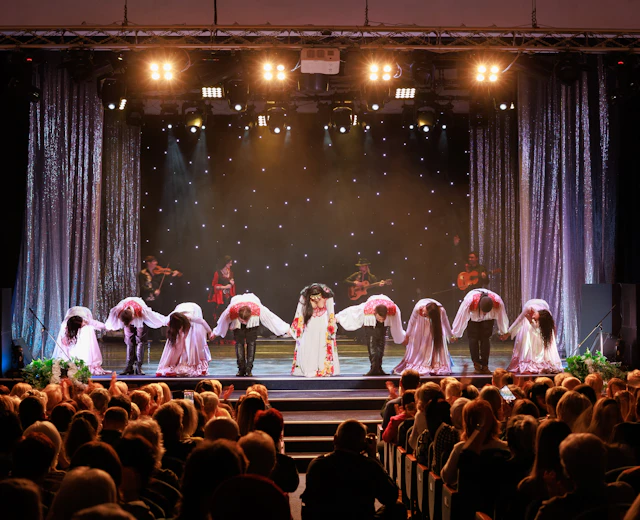 Romani dansere og musikere optræder i traditionelle kostumer under et kulturelt show på en festlig scene