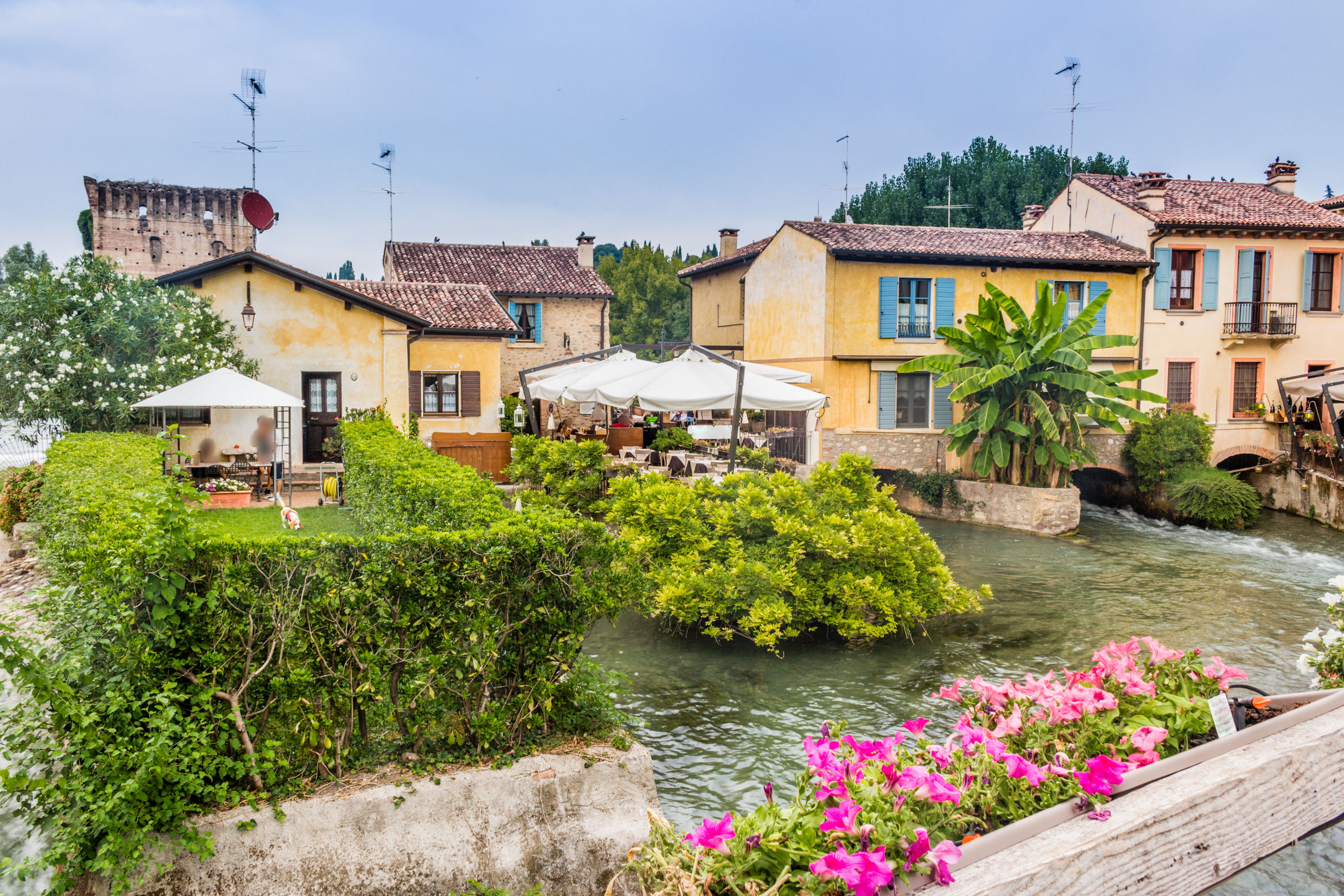 Romantisk italiensk by ved floden med rosa blomster og historiske bygninger