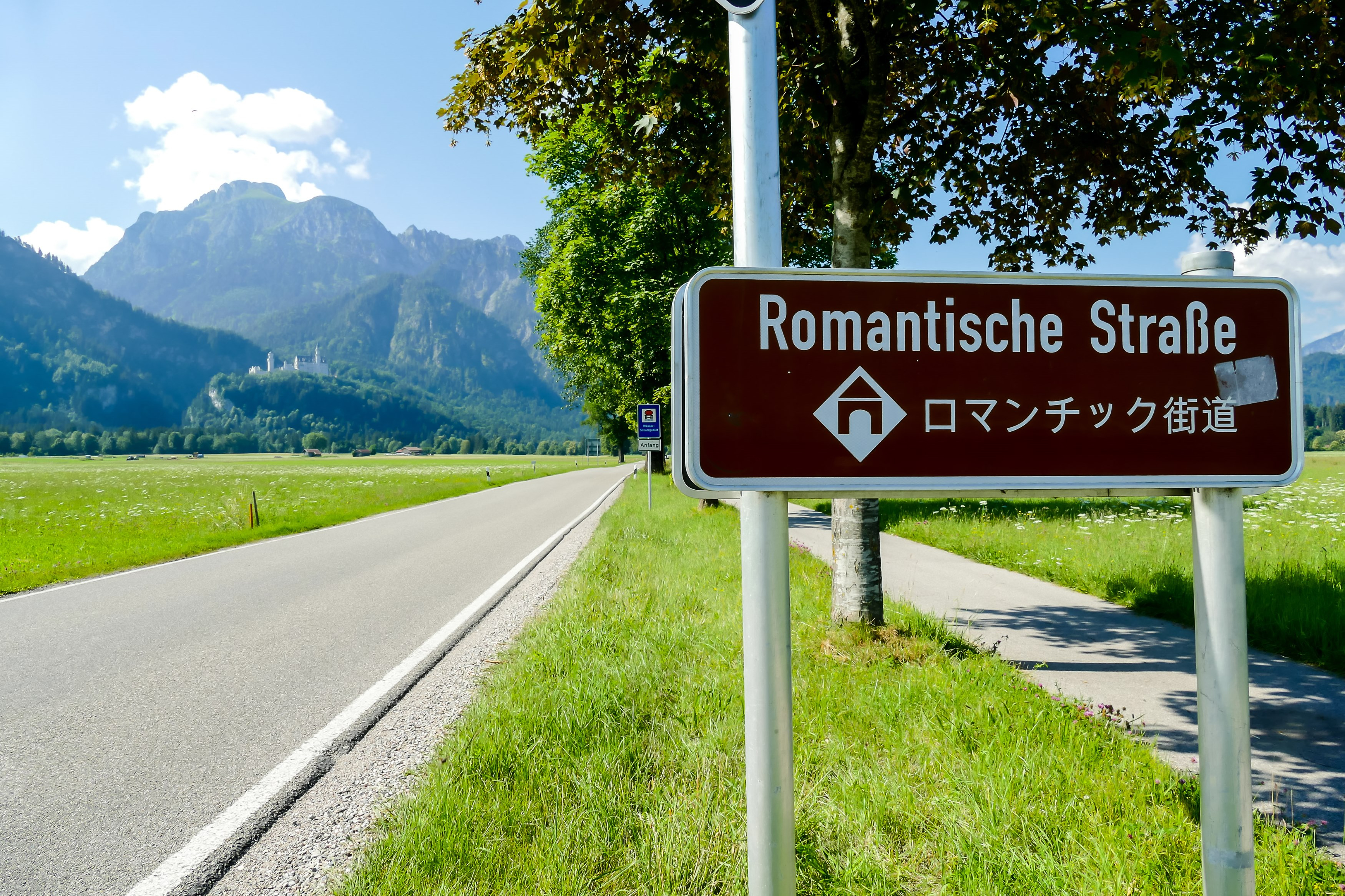 Romantische Straße vejskilt i Bayern med japansk tekst, grønne enge og dramatiske alpetoppe under blå himmel