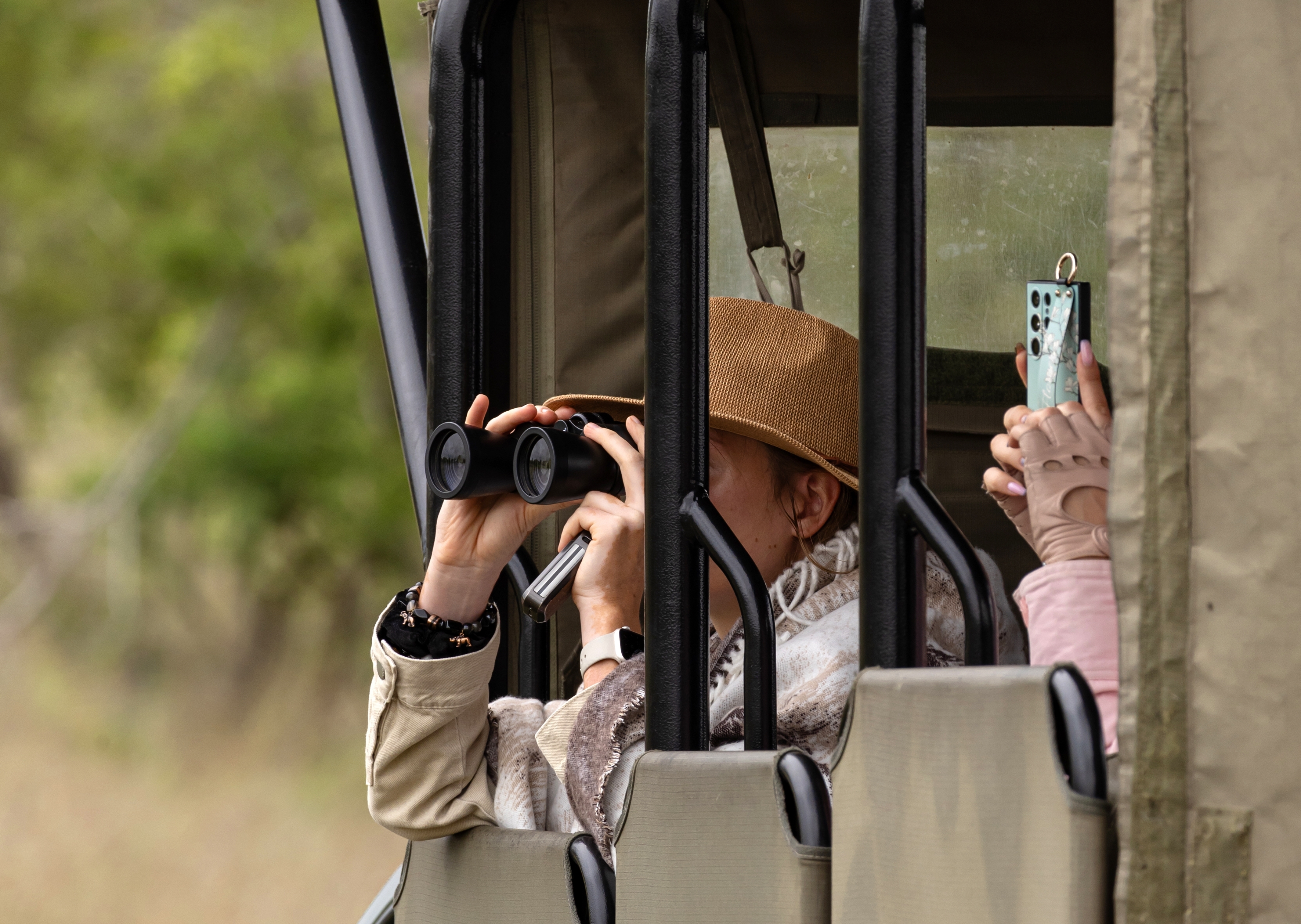 Kvinde på safarikørsel i Kruger National Park bruger kikkert og mobiltelefon til at observere og fotografere vilde dyr i Sydafrikas savanne