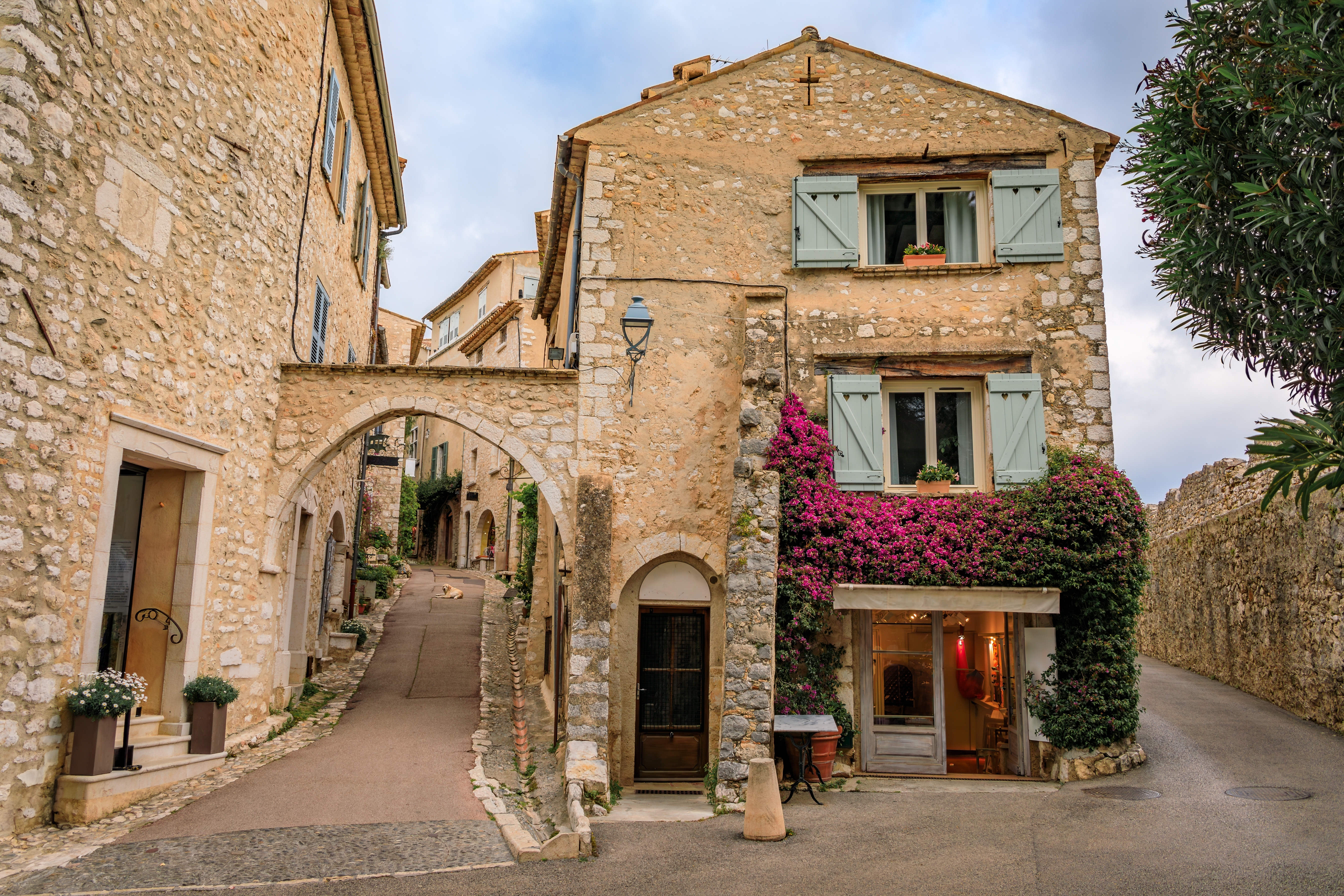 Malerisk gadescene i Saint-Paul-de-Vence med lyserød bougainvillea på historiske stenhuse ved den franske Riviera