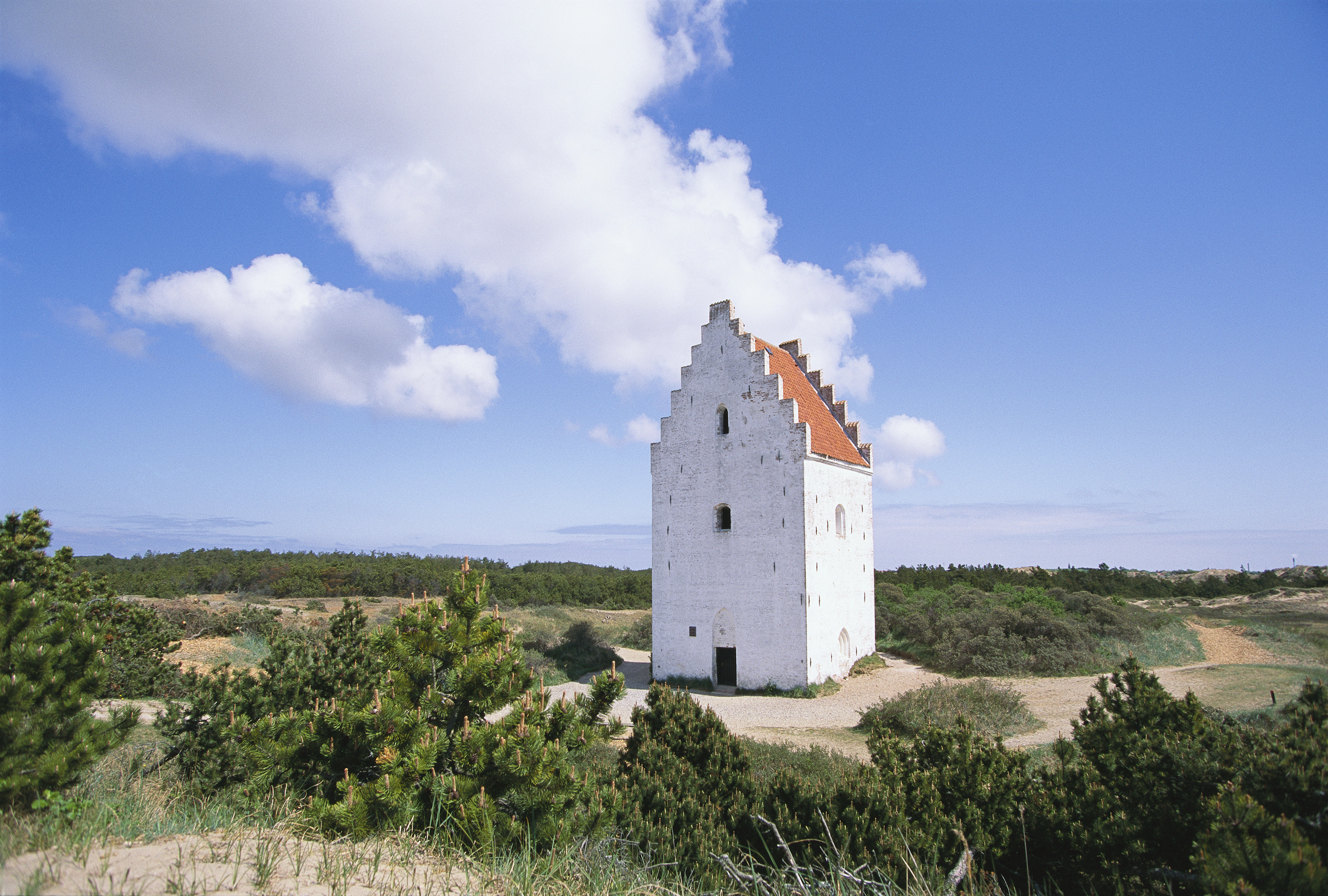 Den ikoniske Tilsandede Kirke i Skagens naturskønne omgivelser med grønne buske og sandbakker under klar blå himmel