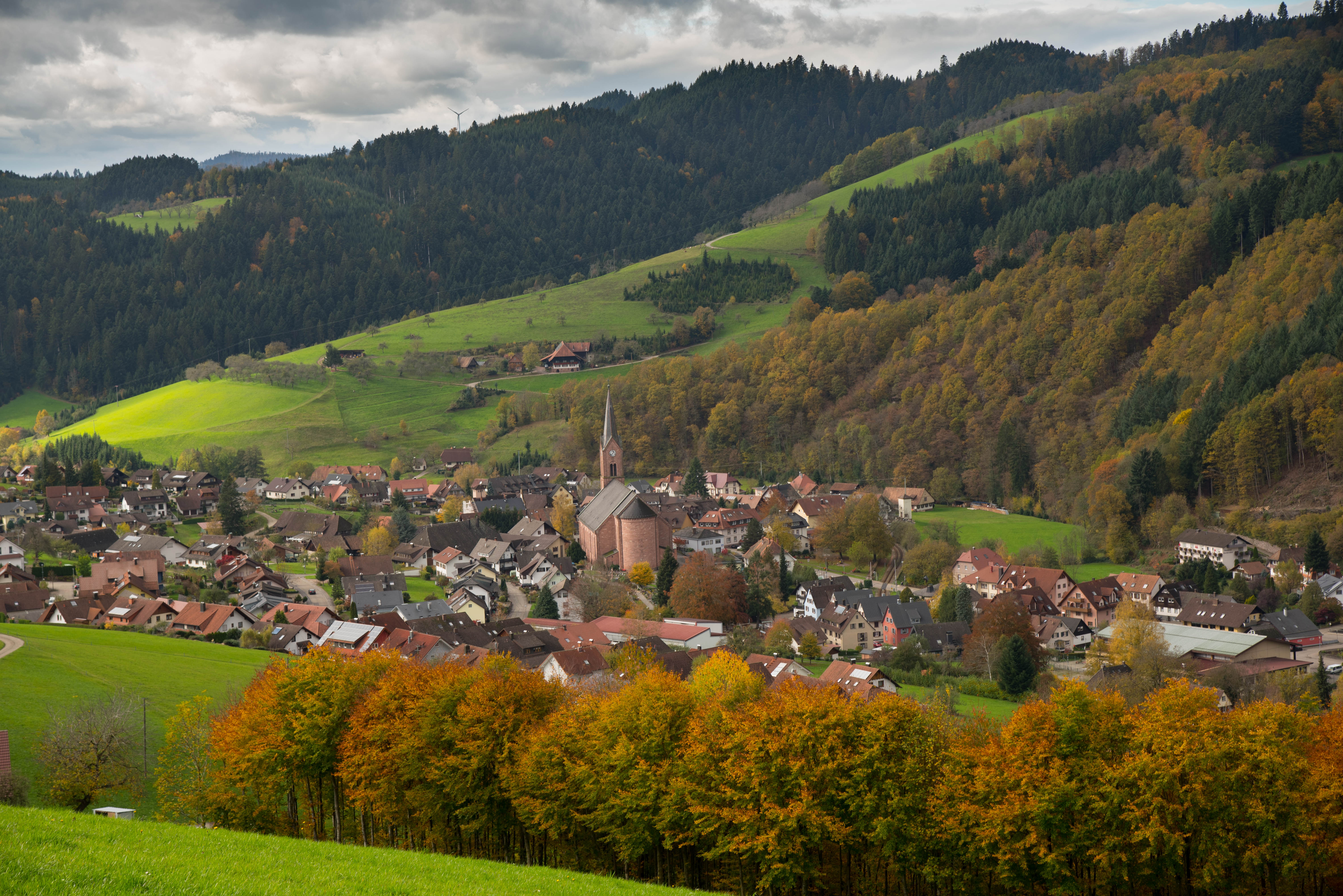 Malerisk dal i Schwarzwald med traditionel tysk landsby og kirketårn