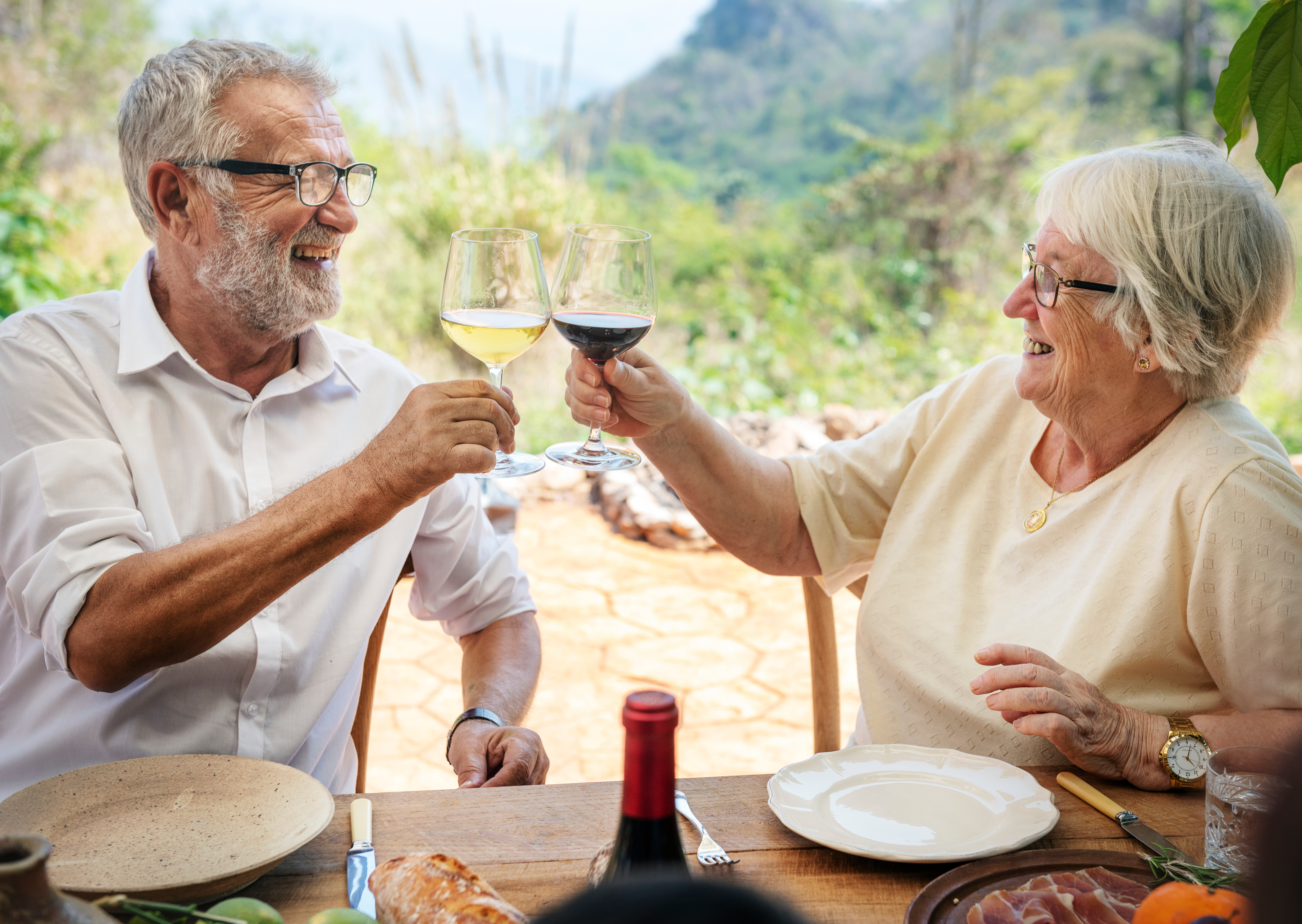 Senior ægtepar nyder vin og middag udendørs med smukt bjerglandskab som baggrund