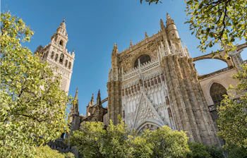Udsigt til Sevilla Katedralen og det historiske Giralda-tårn med smuk gotisk og renæssance arkitektur bag grønne træer i det sydlige Spanien