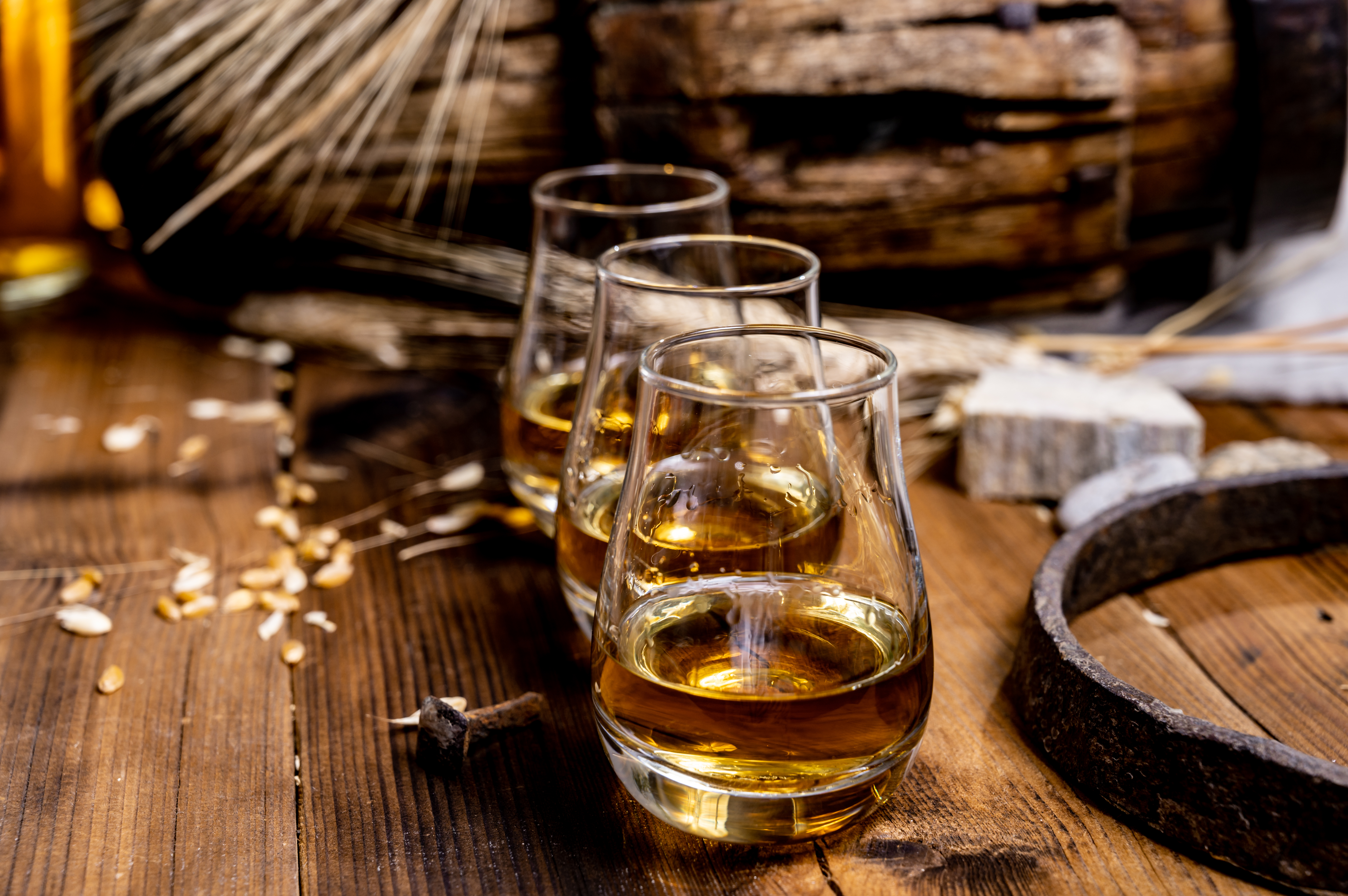 Single malt whisky smagning med traditionelle glas på træbord i Skotland
