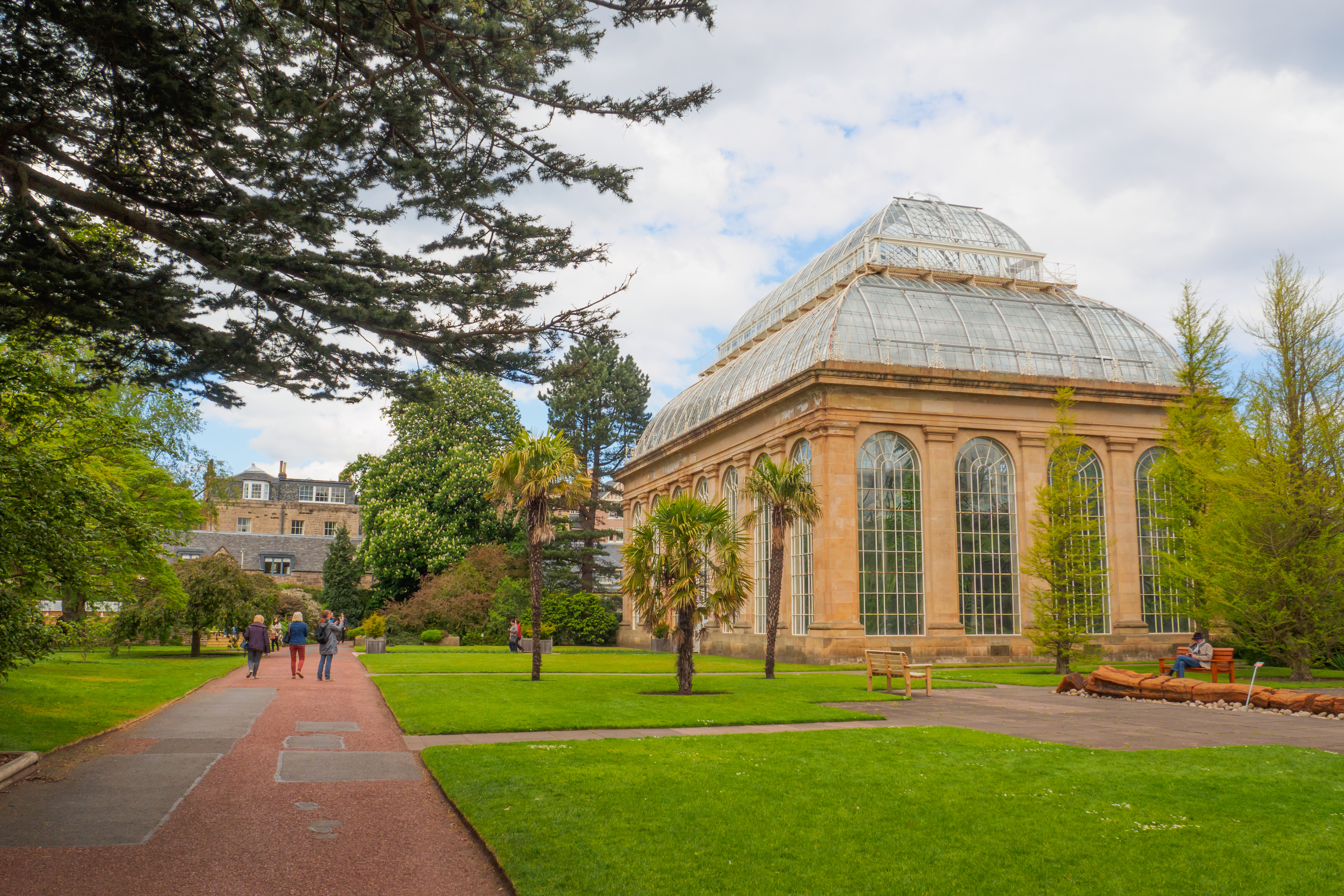 Besøg det ikoniske victorianske palmehus i Royal Botanic Garden Edinburgh, Skotland, omgivet af pragtfulde grønne haver og palmer