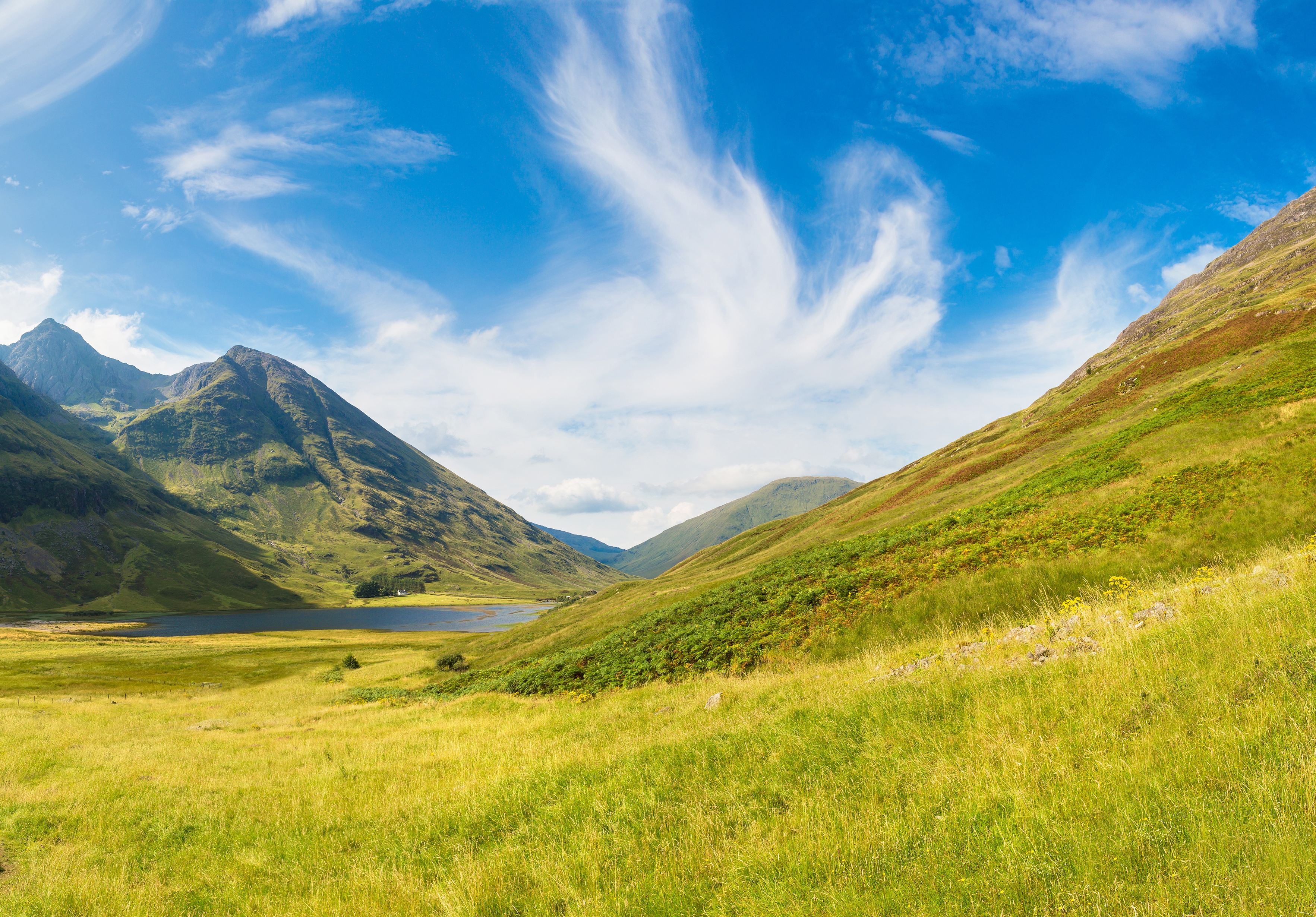 Skøn skotsk highland natur med smaragdgrønne marker og fredelig sø