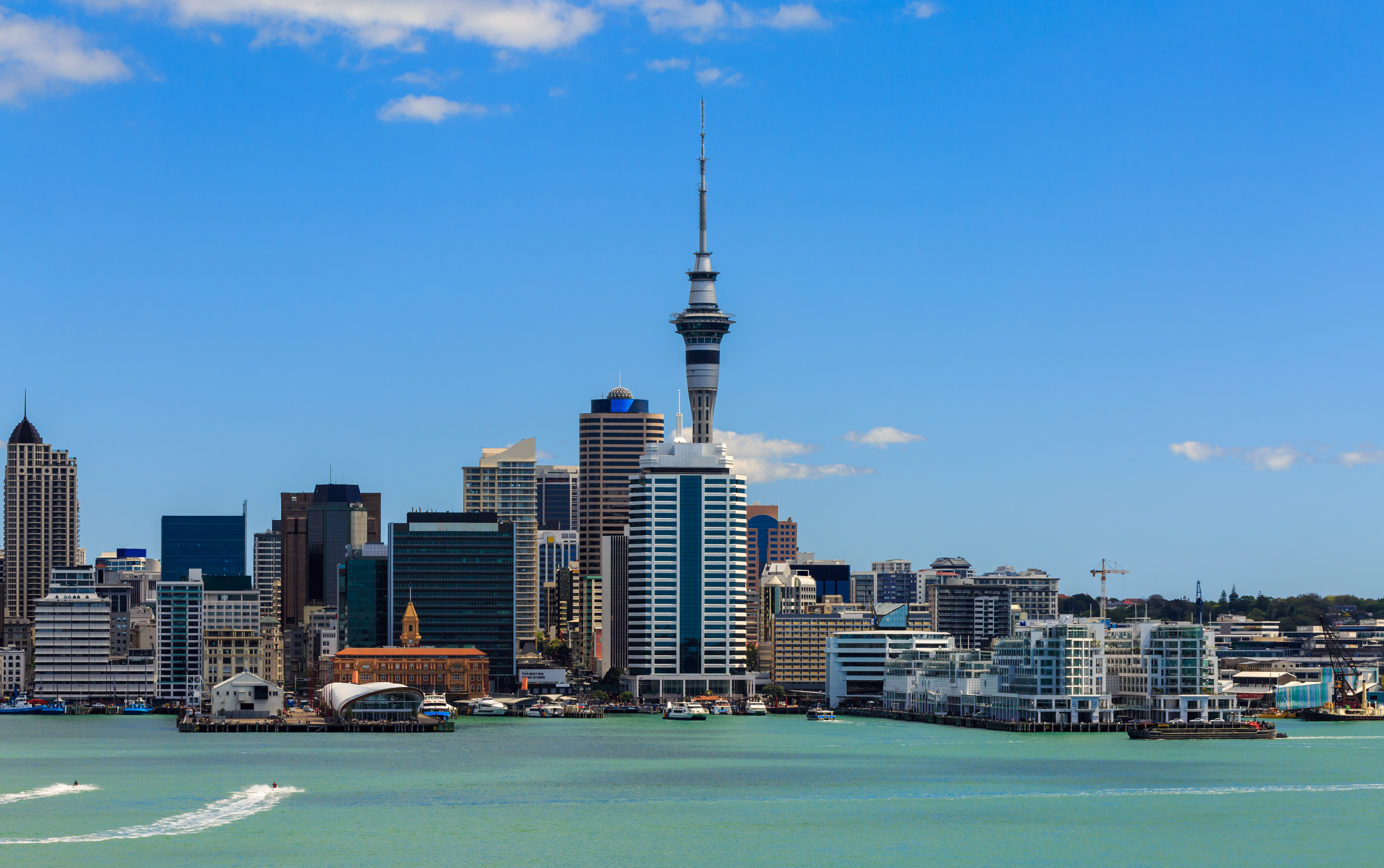 Auckland city med berømte Sky Tower og blå havneudsigt