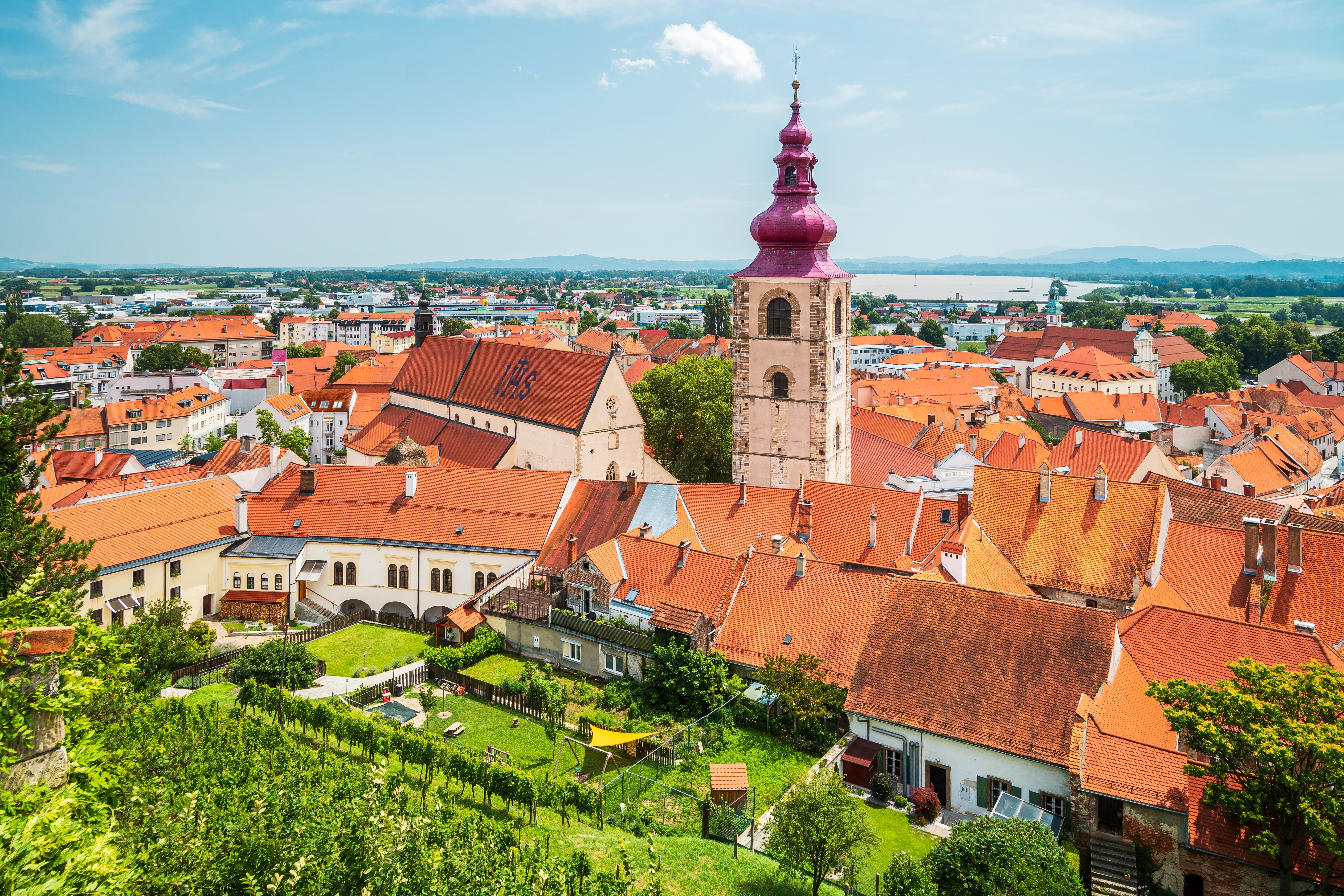 Den gamle bydel i Ptuj Slovenien med karakteristiske røde tegltagе og kirke