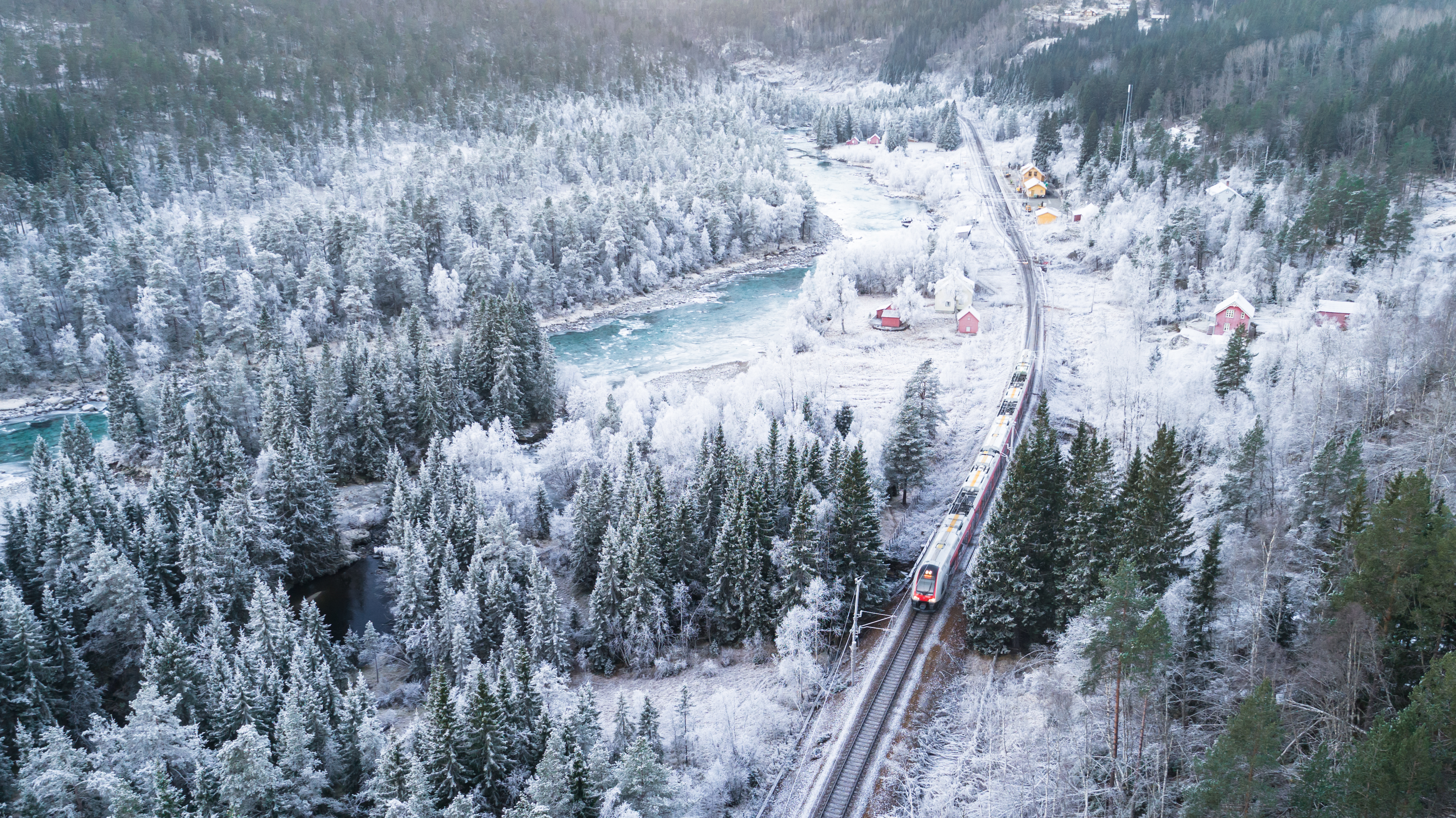 Jernbanetransport gennem frostvinter landskab i Norge med tæt sneskov