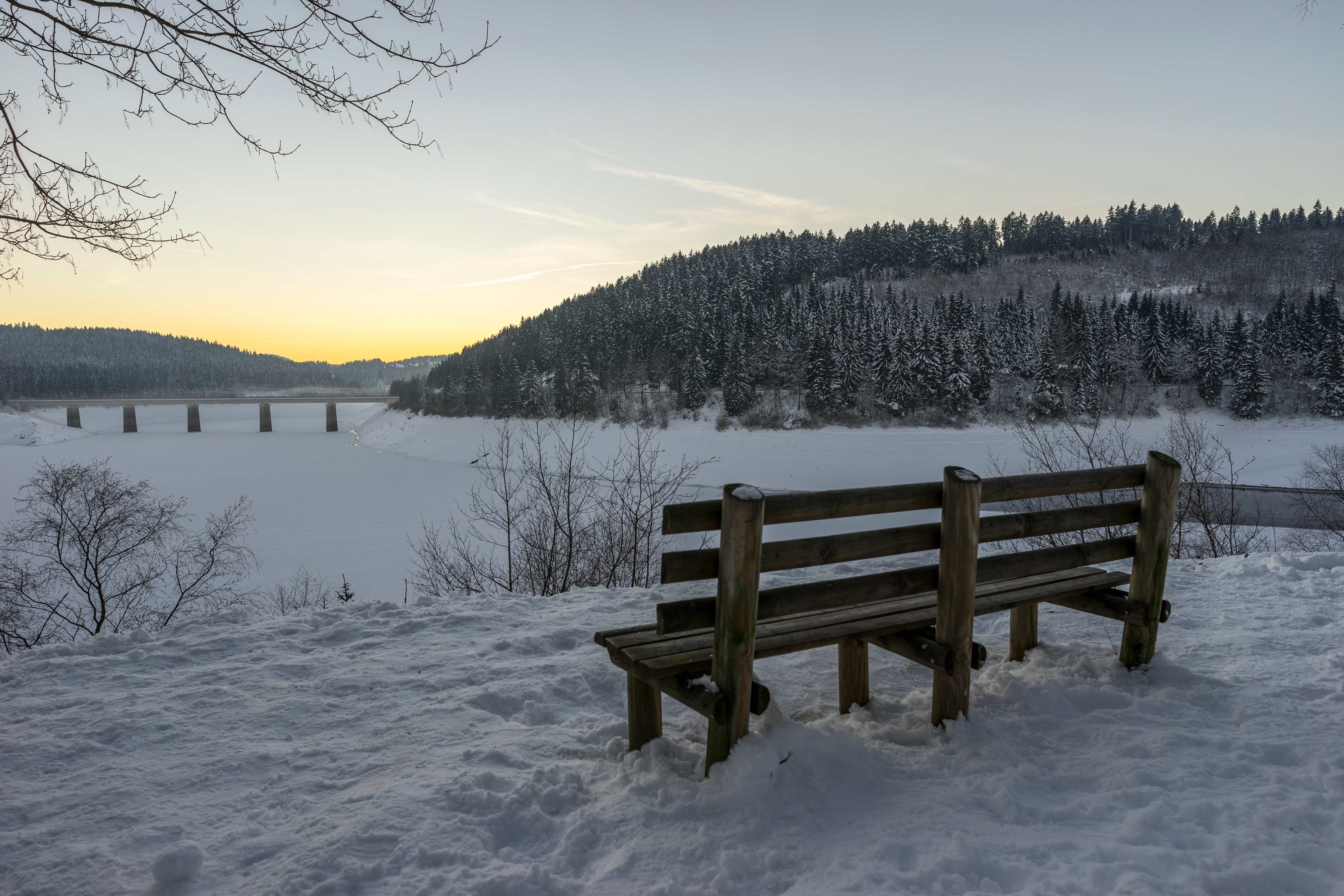 Stille vintermotiv med bænk i dyb sne ved frossen sø omgivet af gran
