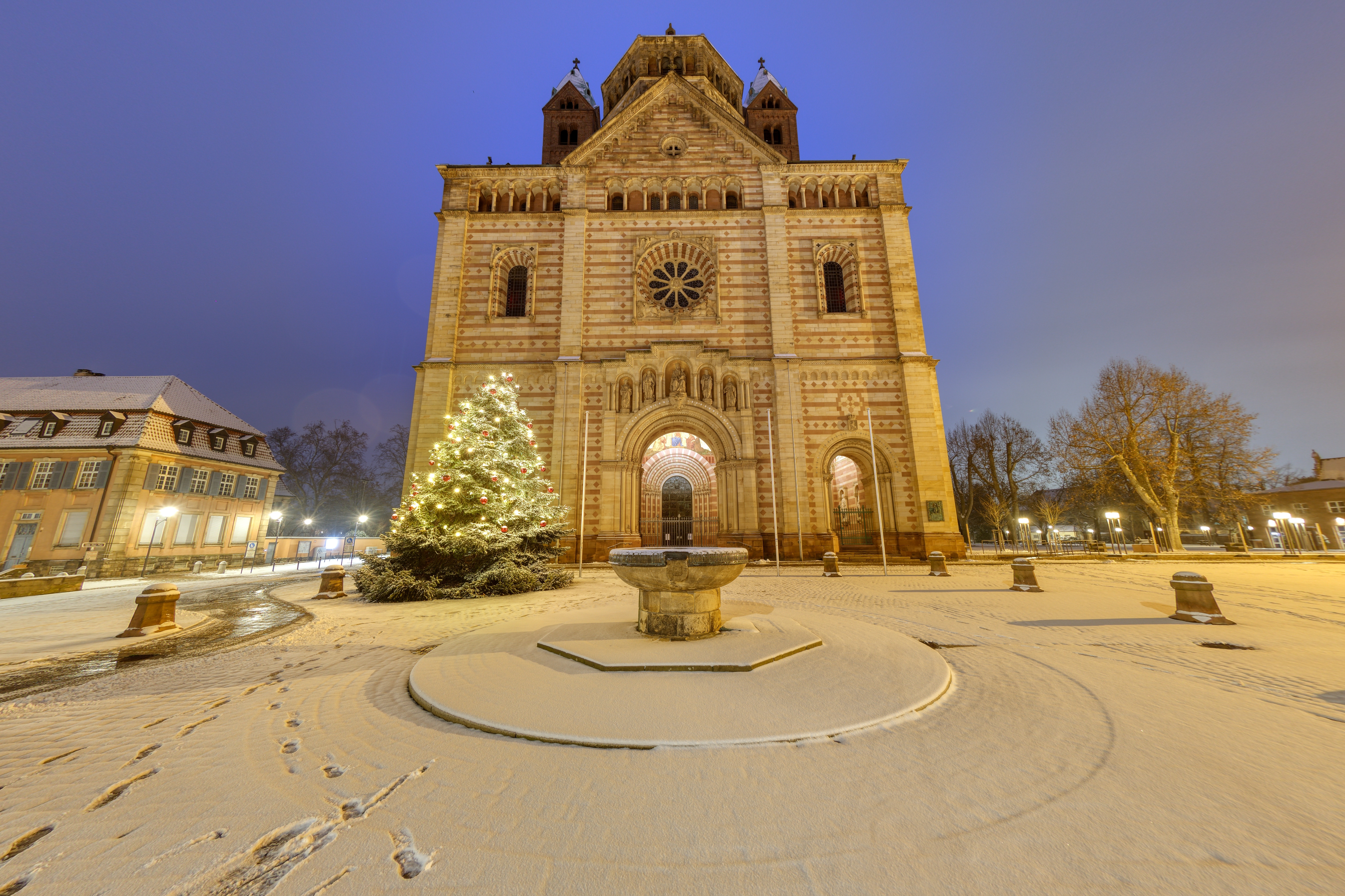 Speyer Domkirke om natten med juleudstyret plads og sne, Tyskland