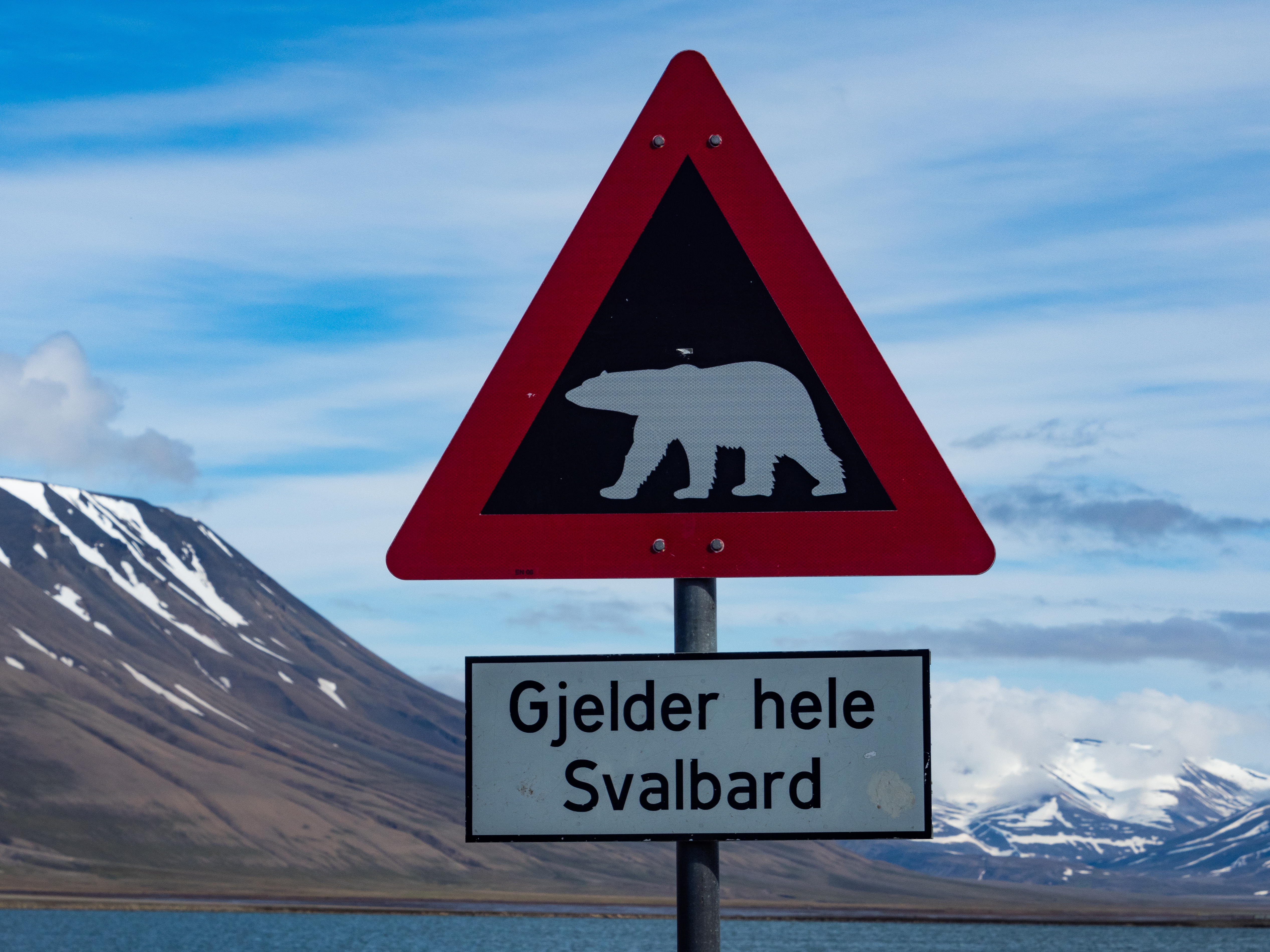 Isbjørn fare skilt på Spitsbergen med dramatisk bjerglandskab