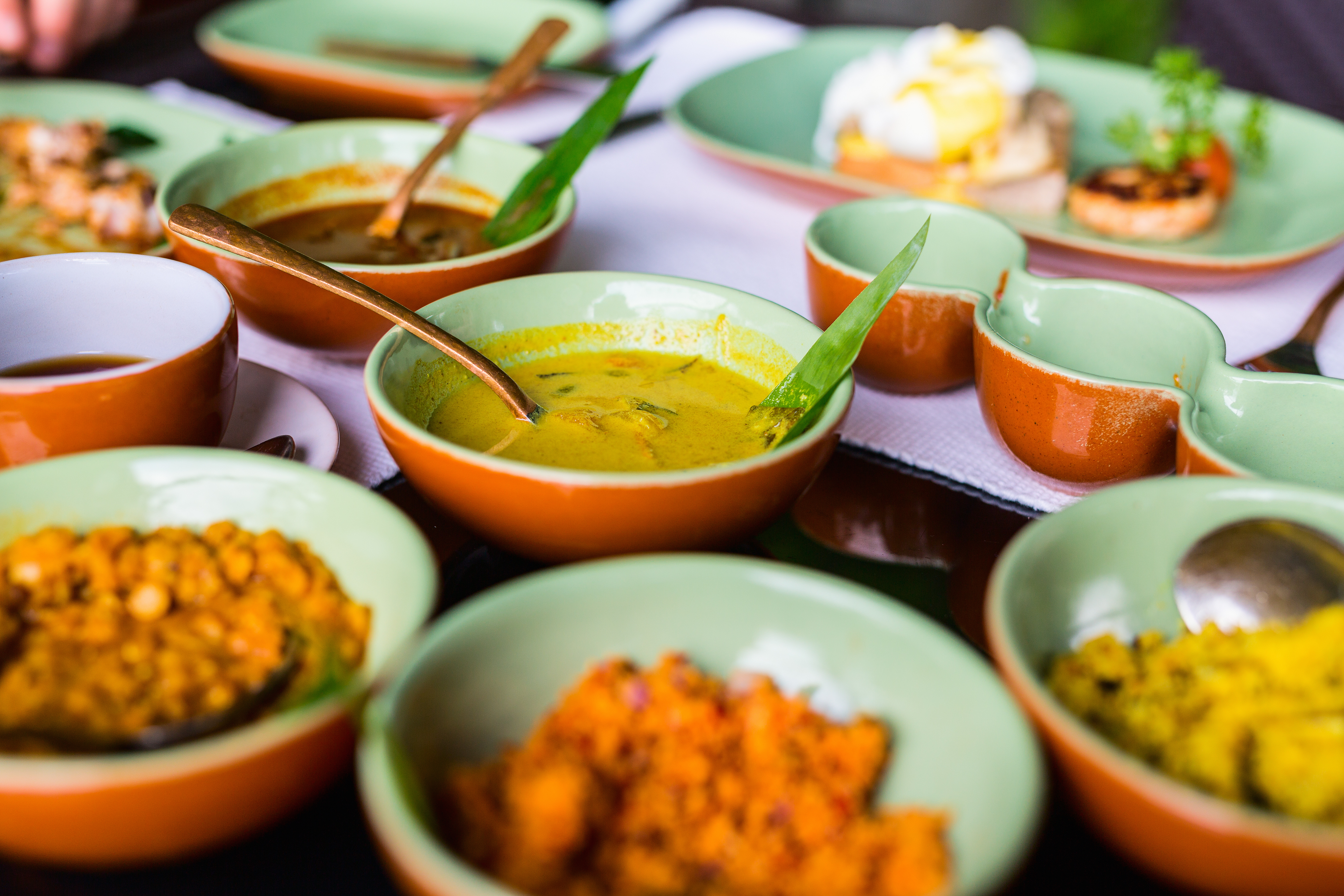 Udvalg af farverige og krydrede curry-retter fra det srilankanske køkken, en essentiel del af rejseoplevelsen
